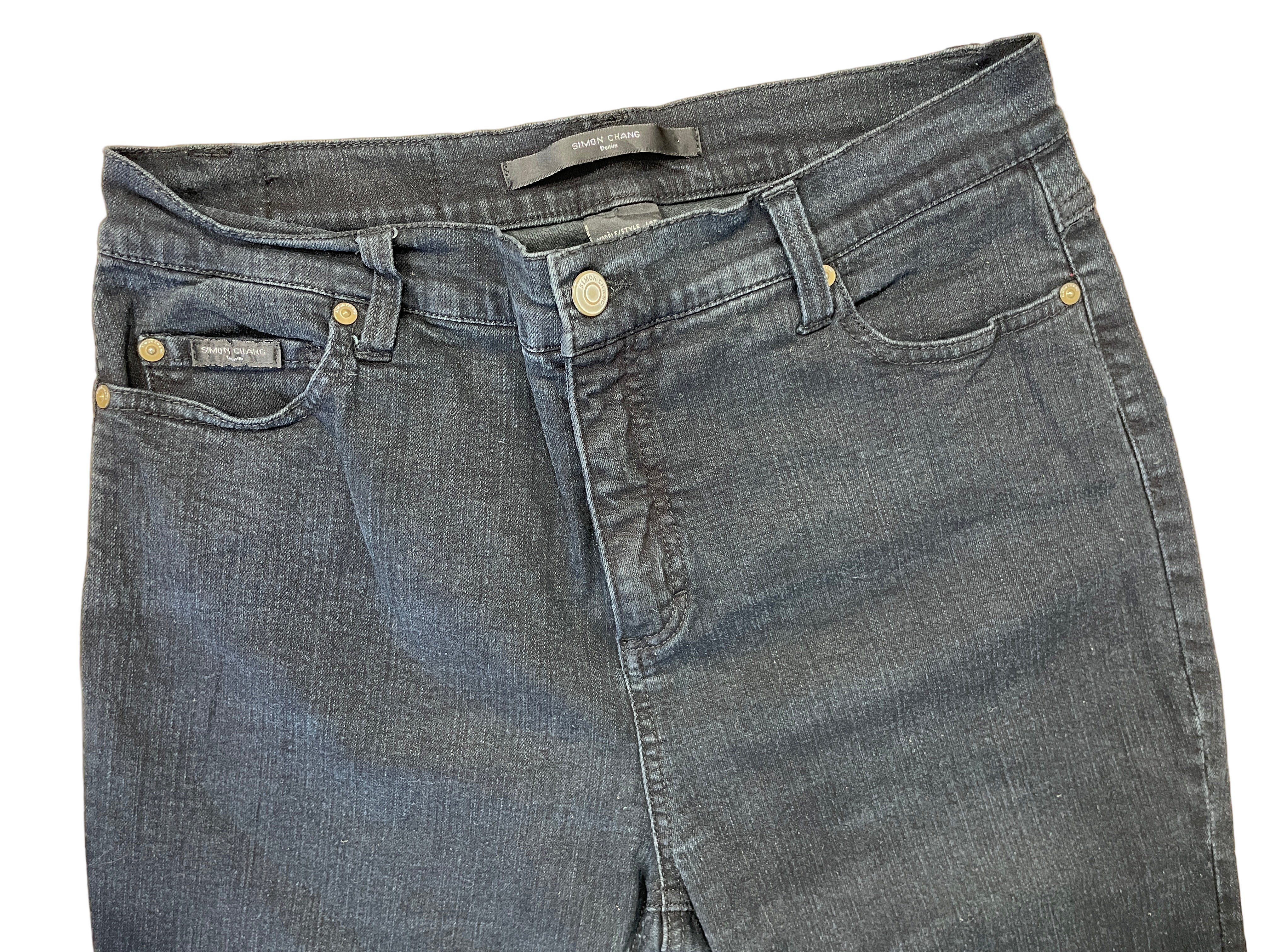 Front view of Simon Chang black denim capris with button and zipper closure
