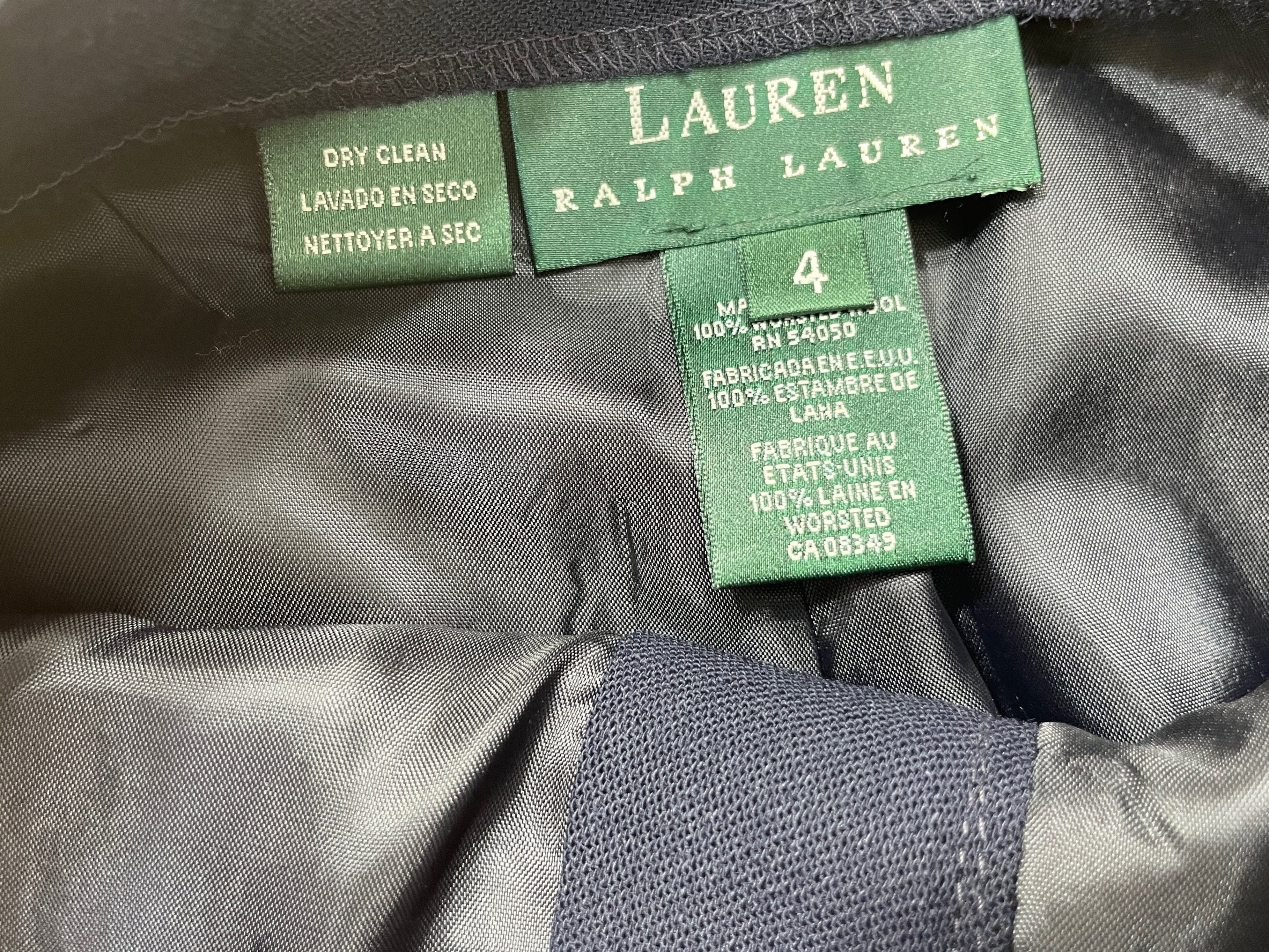 Vintage Ralph Lauren navy blue wool dress pants interior label showing size and fabric