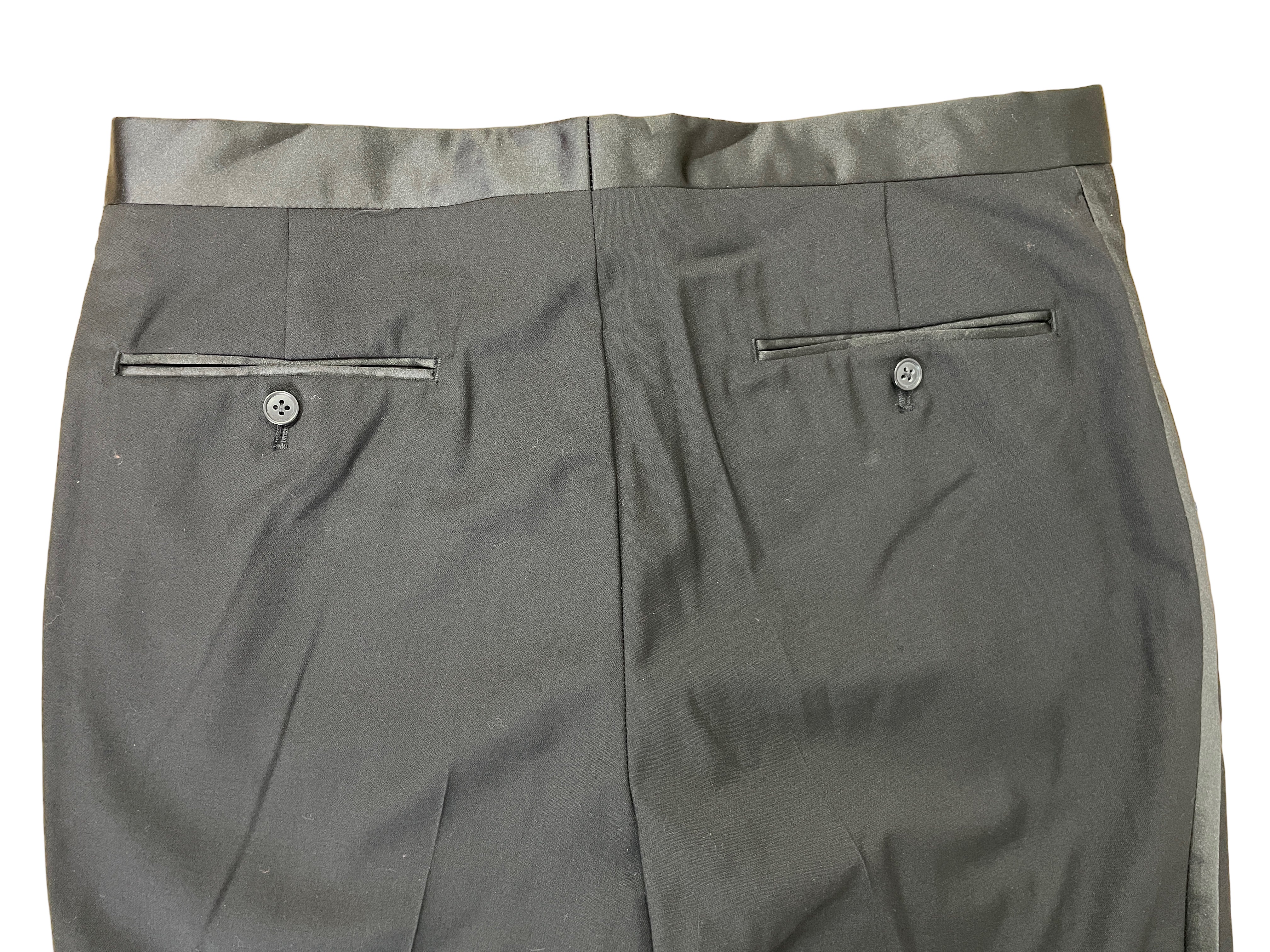Moore’s black tuxedo pants back view with welt pockets
