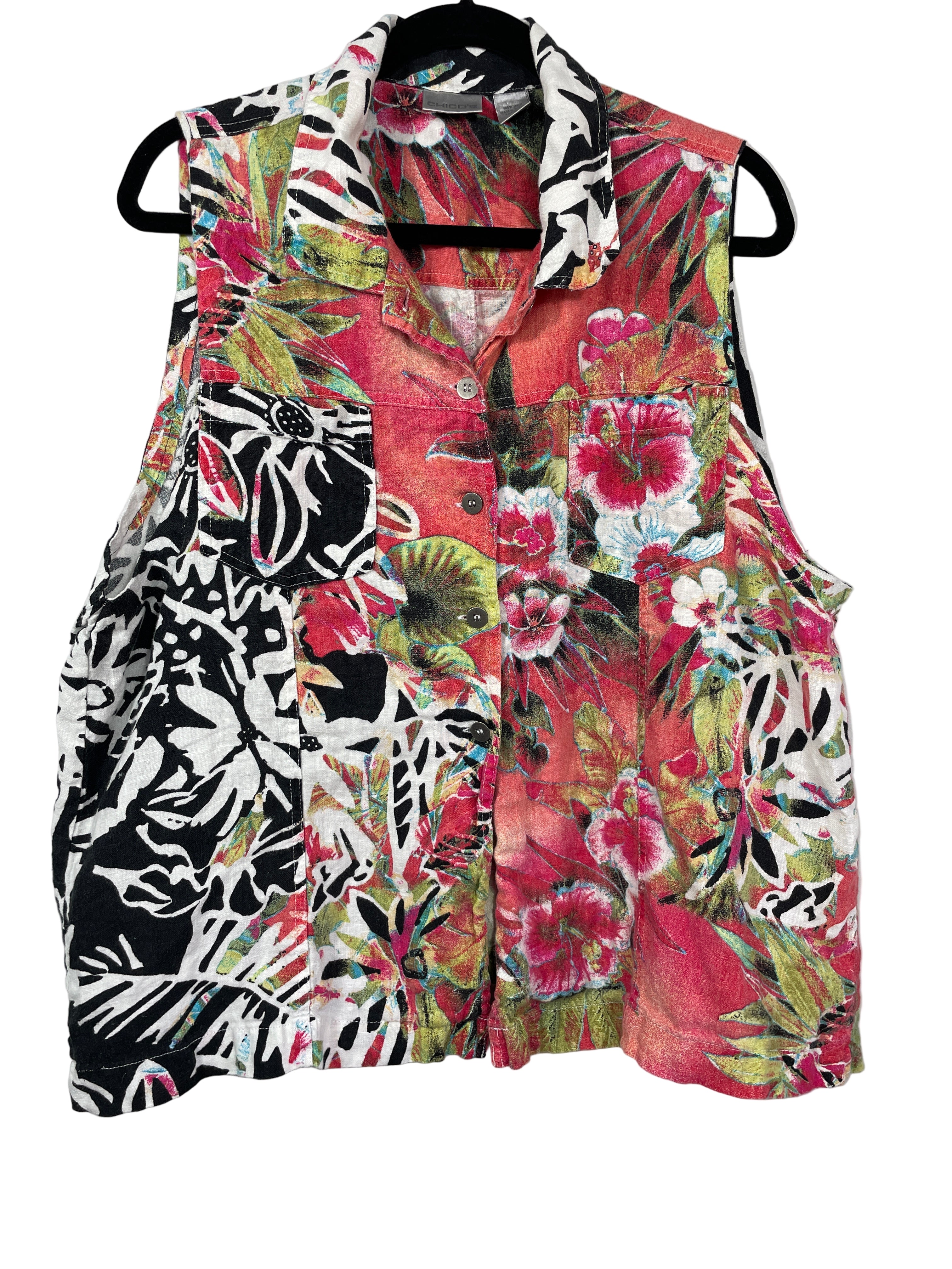 Chico’s tropical print sleeveless linen top front view with collared neckline