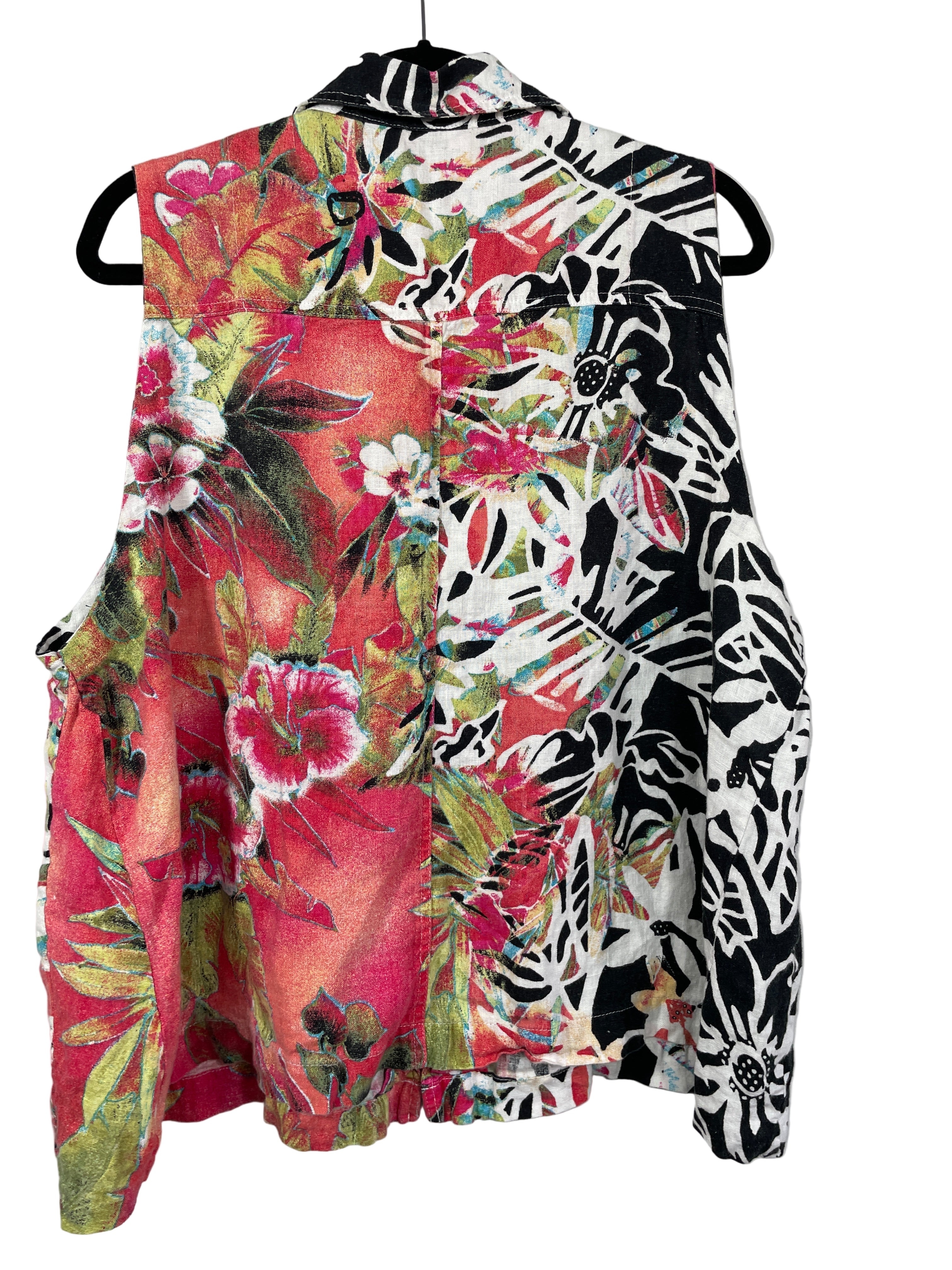 Chico’s tropical print sleeveless linen top back view showing bold pattern