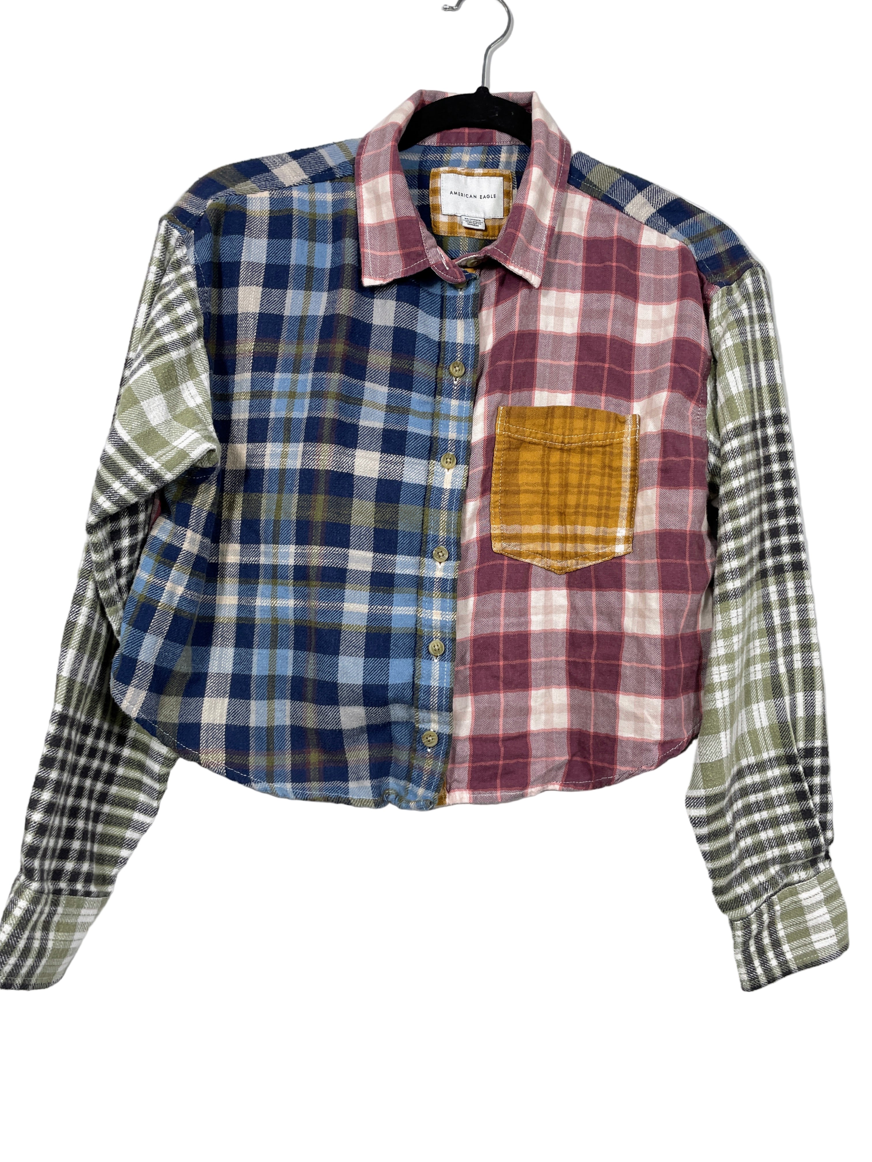 American Eagle patchwork plaid cropped button-up shirt front view