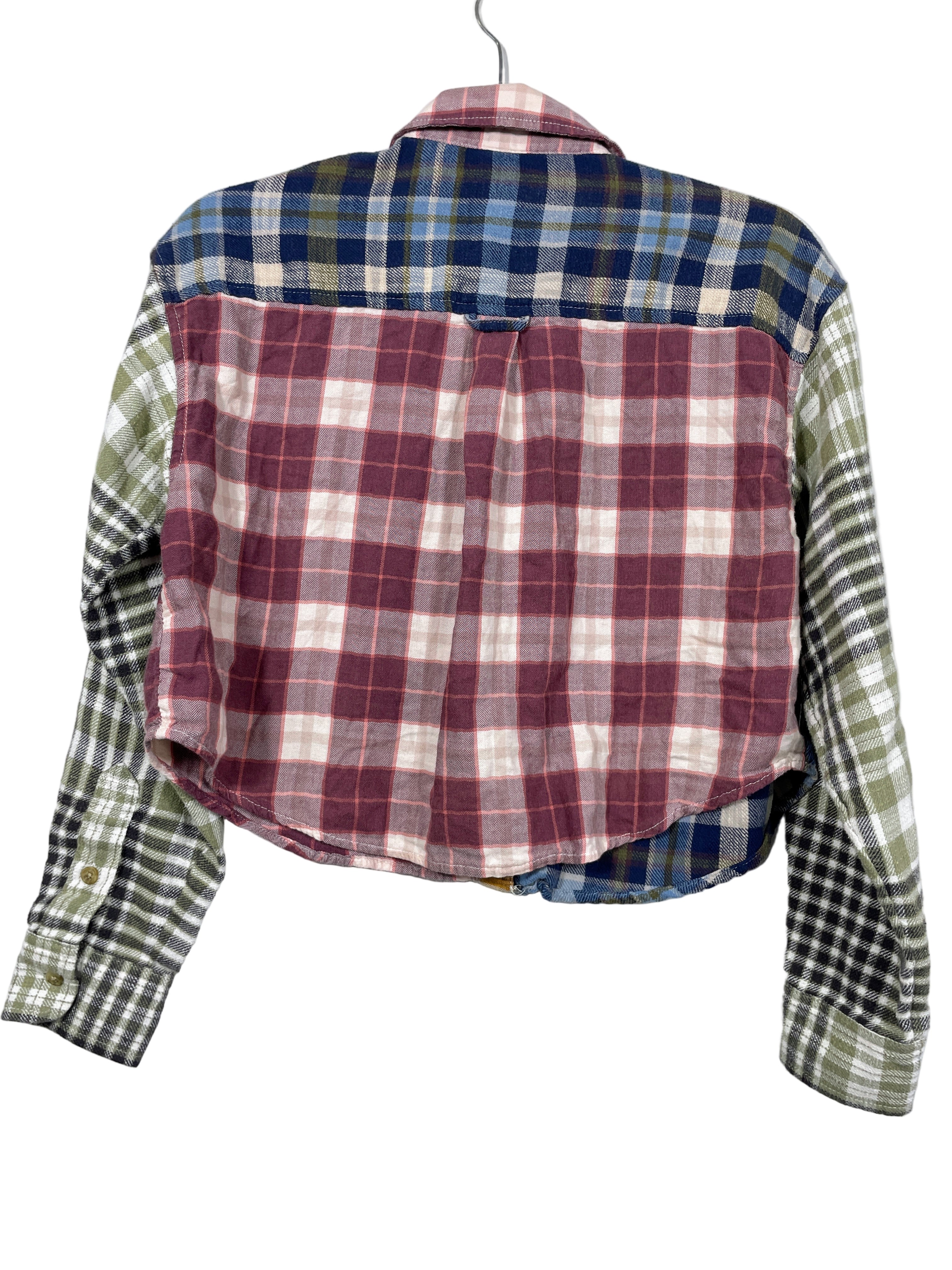 American Eagle patchwork plaid cropped button-up shirt back view