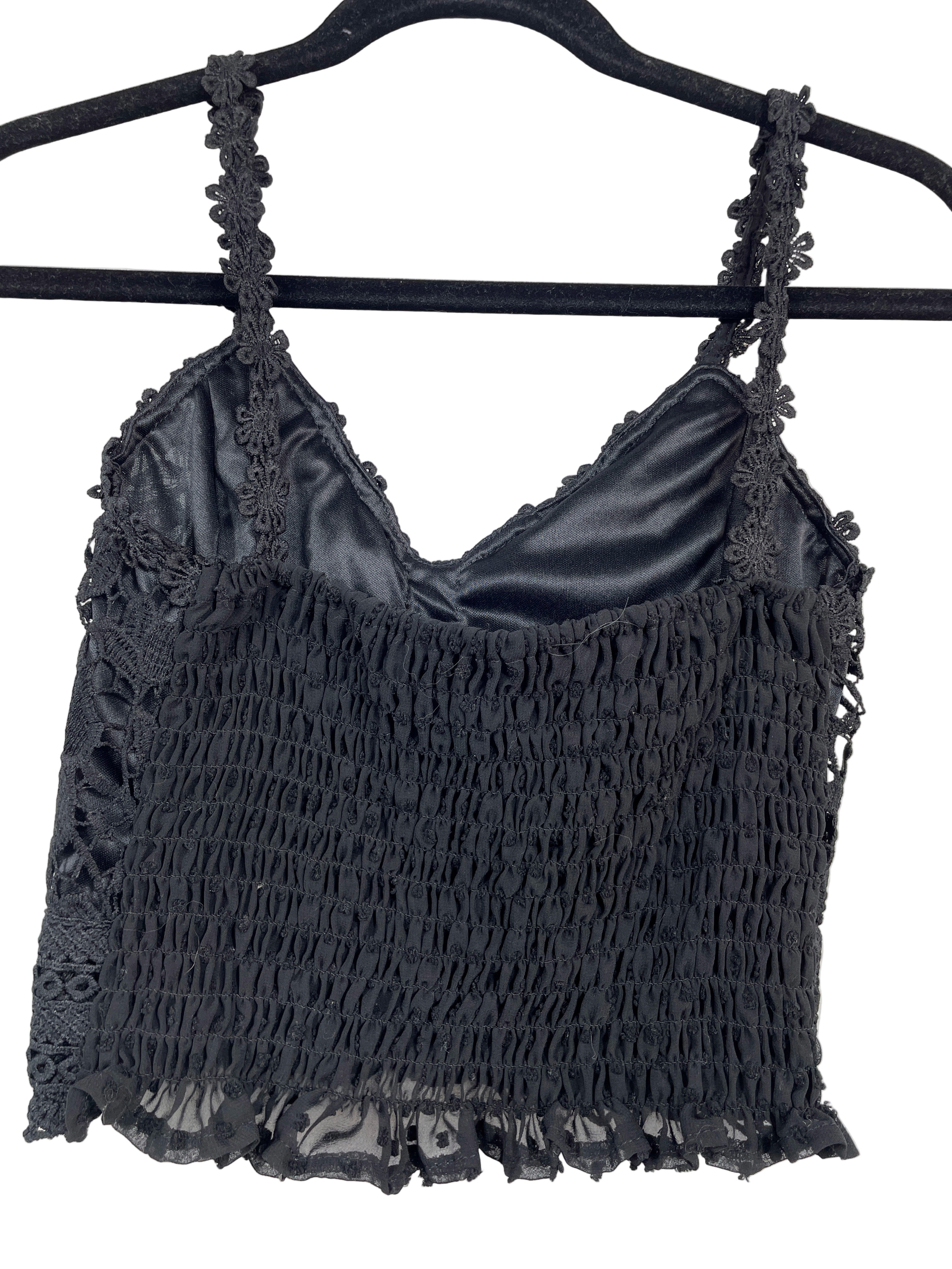 Back view of black SHEIN lace cropped tank top showing elastic smocked back panel.