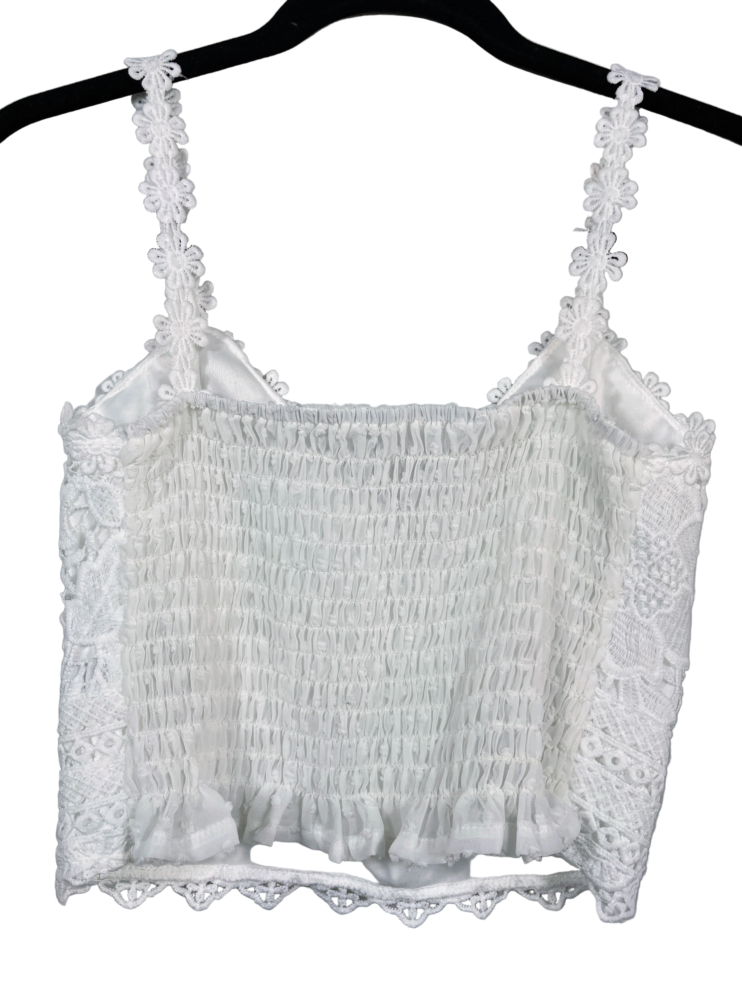 Back view of white SHEIN lace cropped tank top showing elastic smocked back panel.