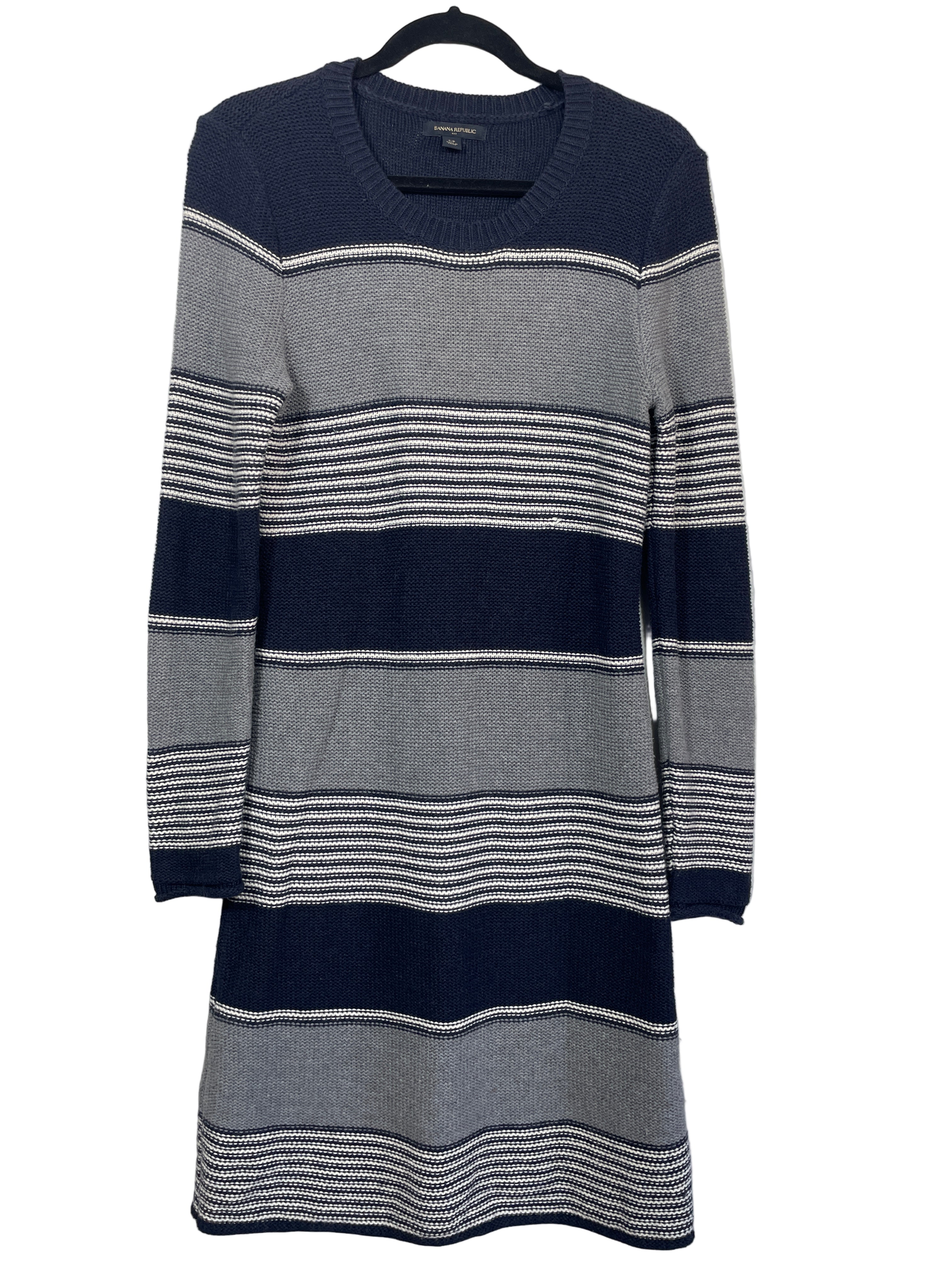 Banana Republic navy and grey striped long sleeve sweater dress front view showing ribbed neckline and soft knit texture