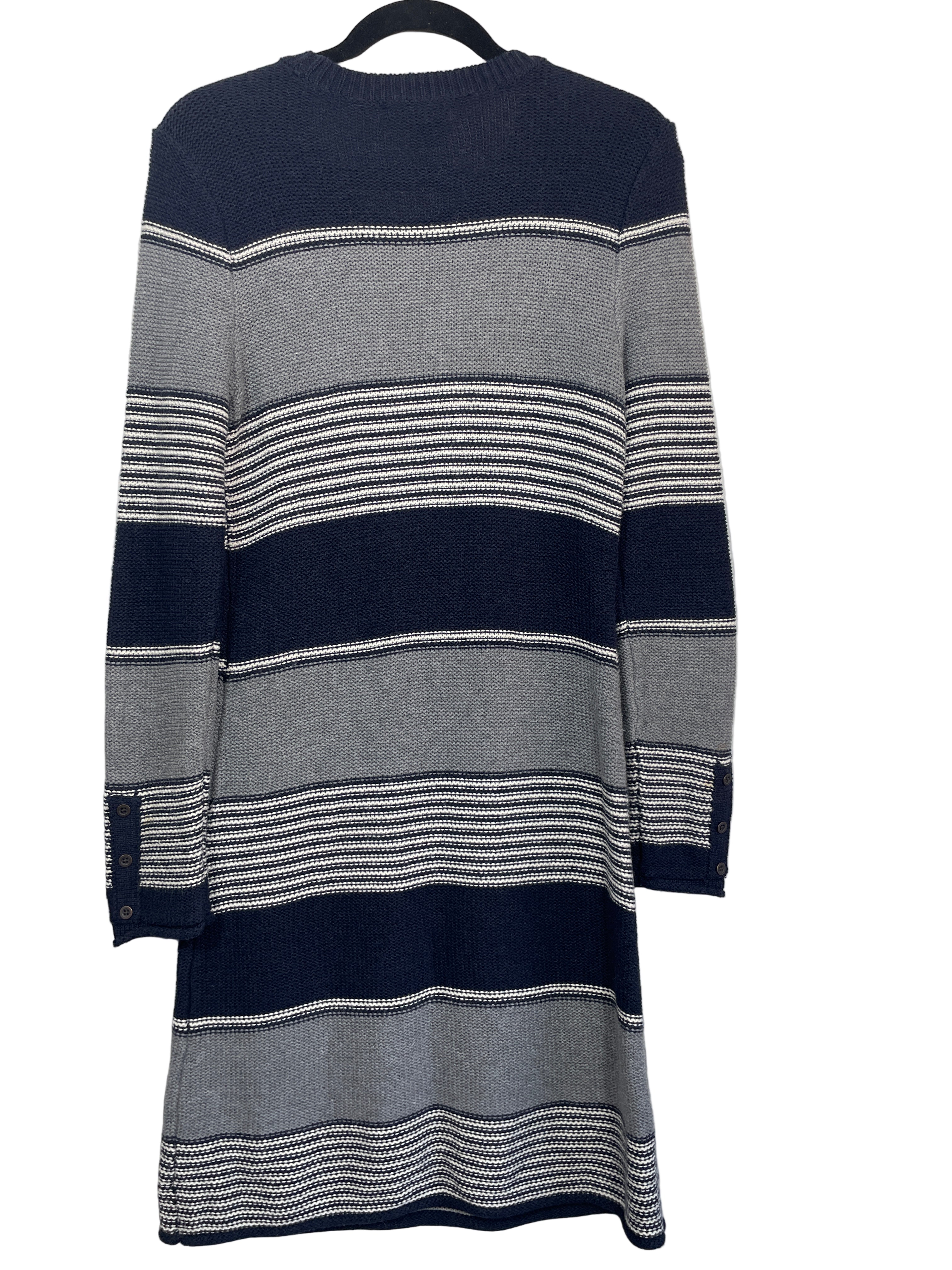 Banana Republic navy and grey striped long sleeve sweater dress back view showing button cuff detail and horizontal stripe pattern