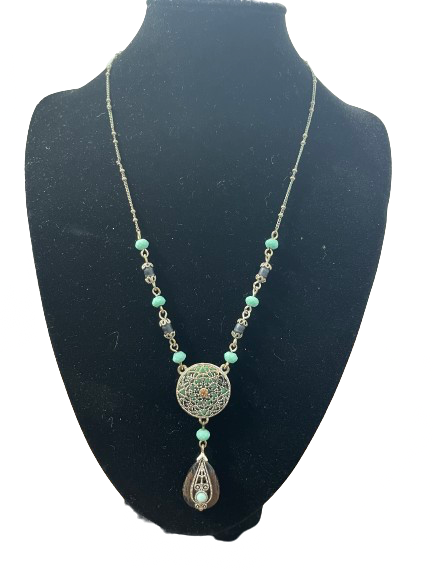 Antique gold medallion necklace with turquoise beads and teardrop pendant