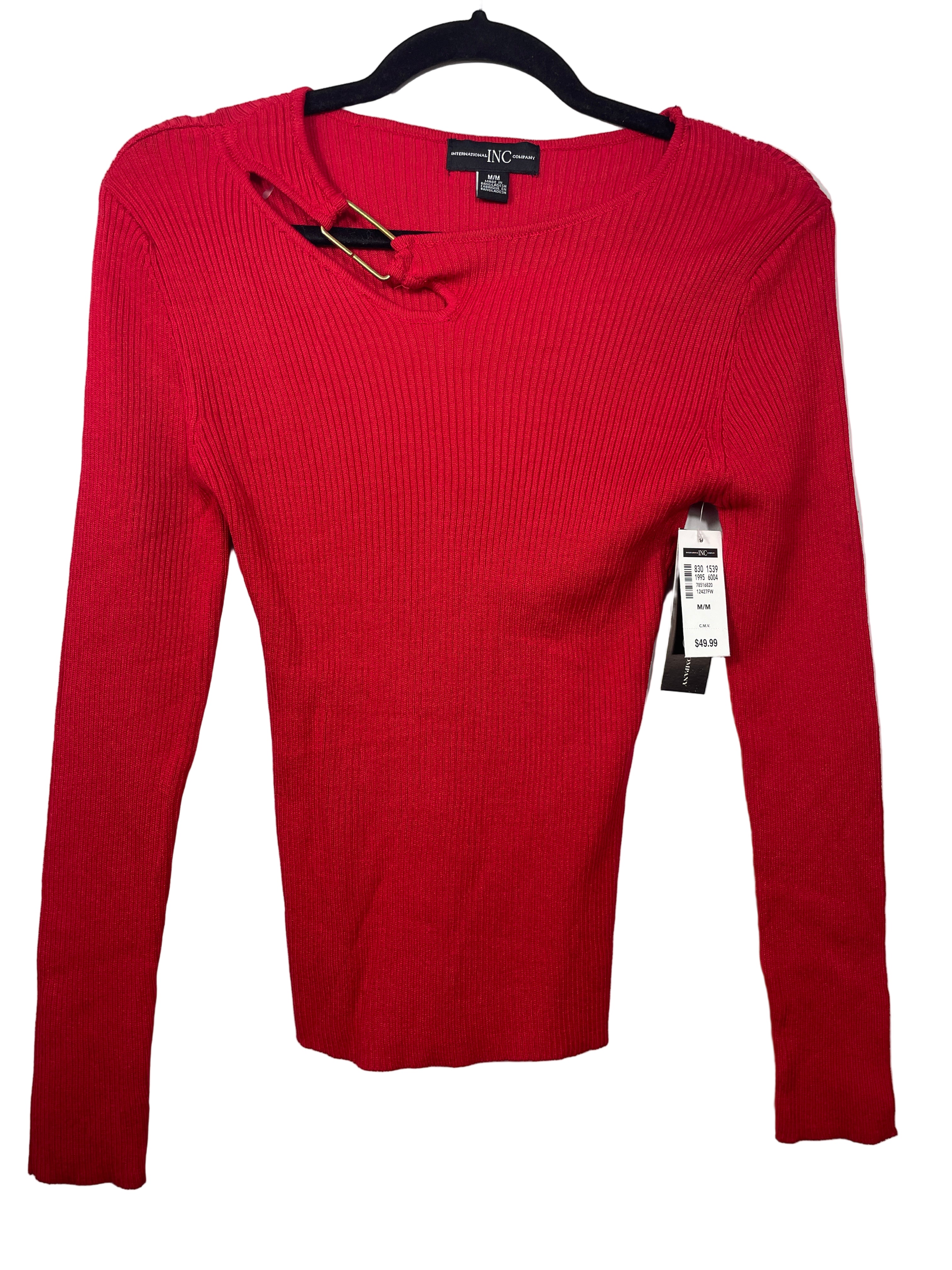 INC International Concepts red ribbed knit top with gold bar neckline detail hanging on hanger, front view.
