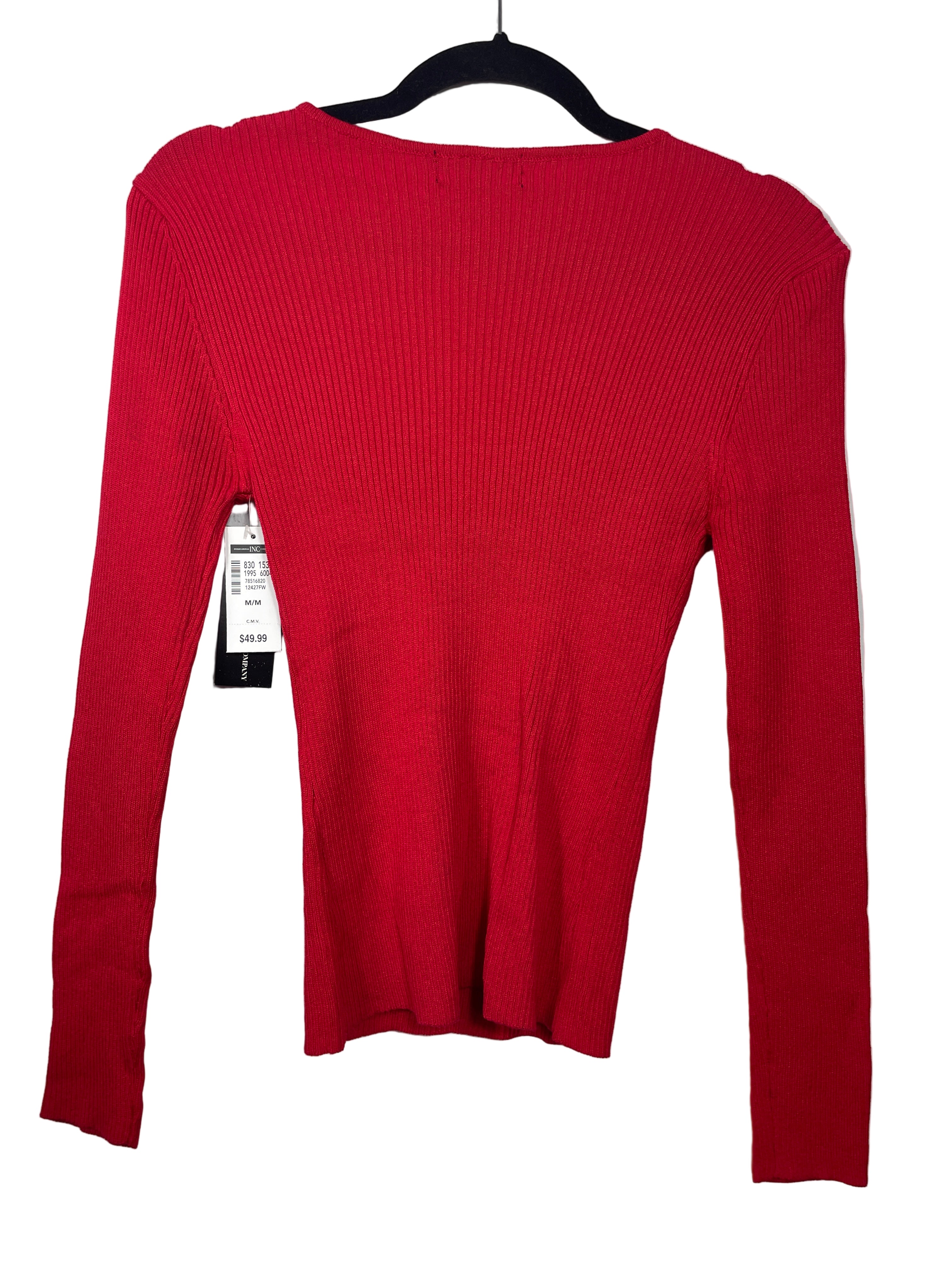 INC International Concepts red ribbed knit top showing full back view on hanger.