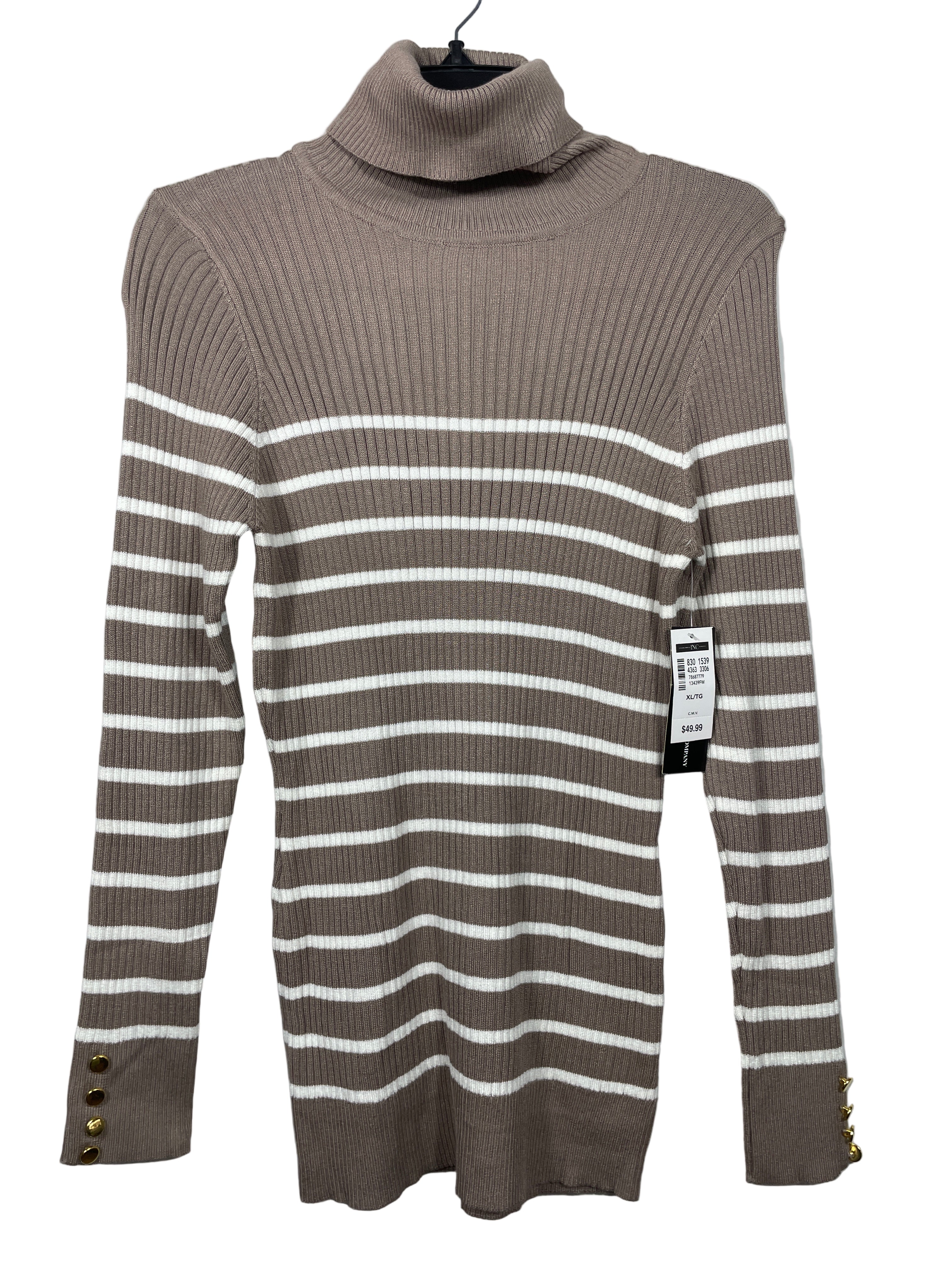 INC. striped ribbed turtleneck top beige front view
