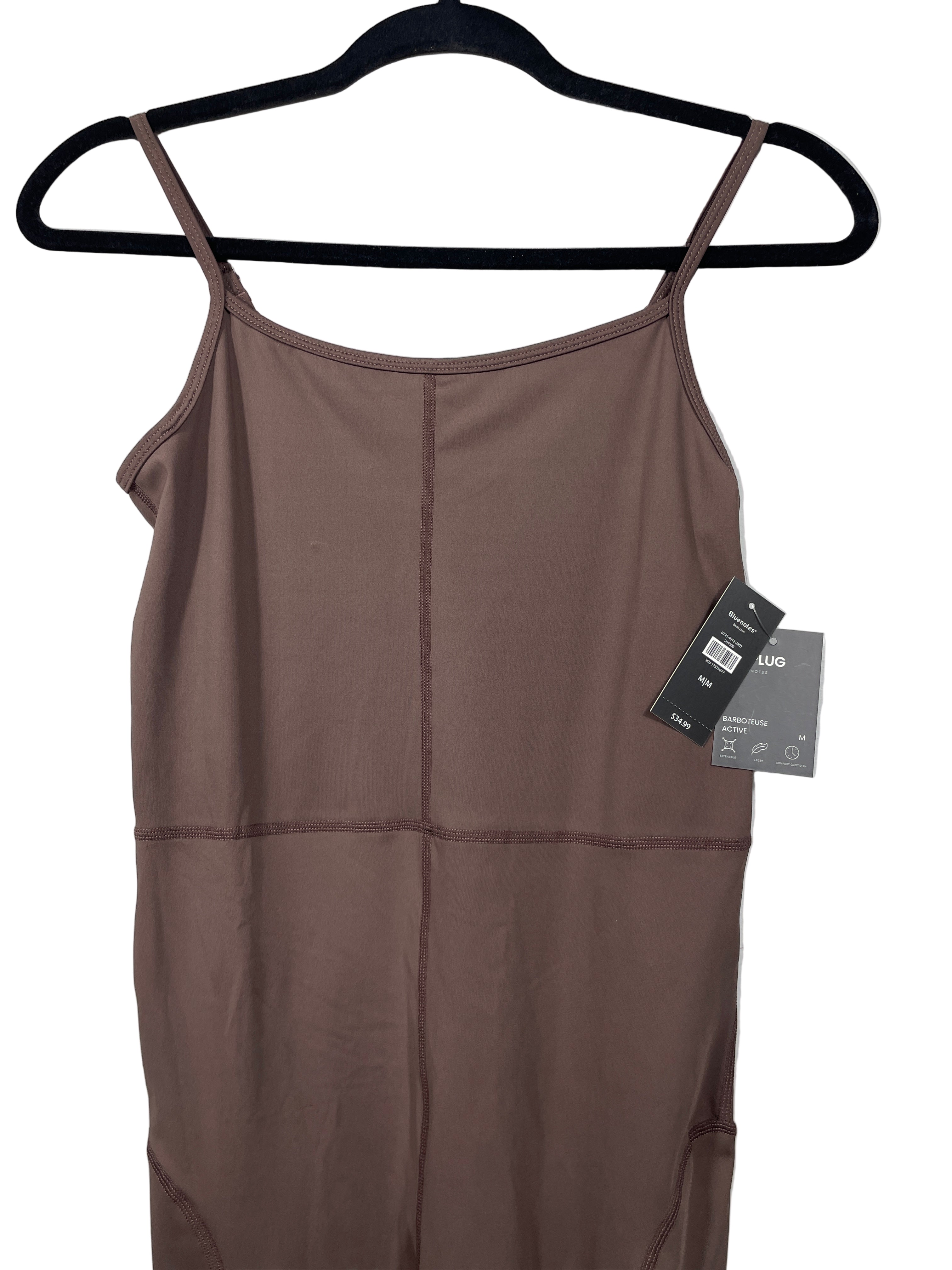 Bluenotes Unplug brown one-piece jumpsuit close-up of neckline and stitching