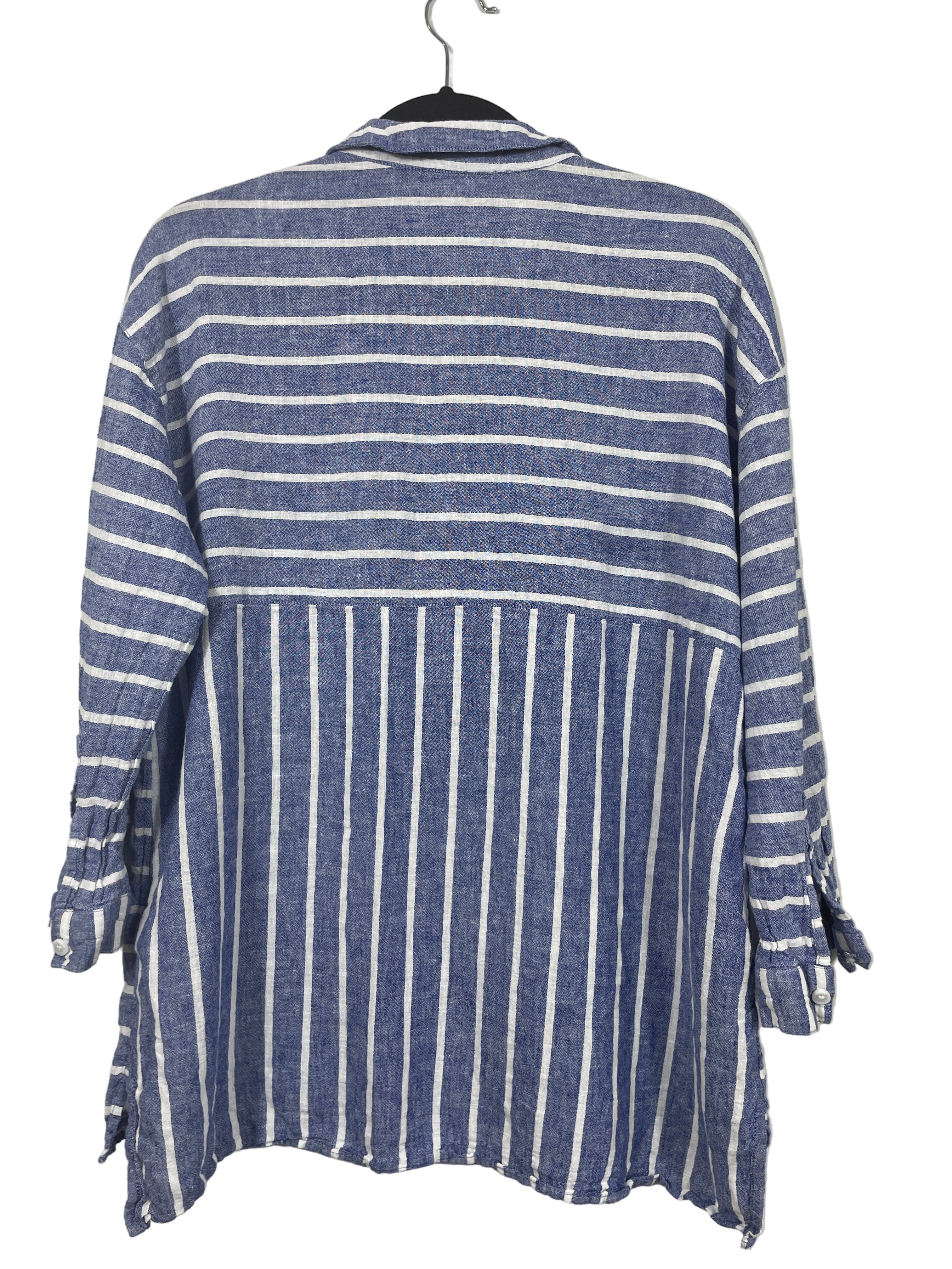 BeachLunchLounge blue striped linen-blend top back view