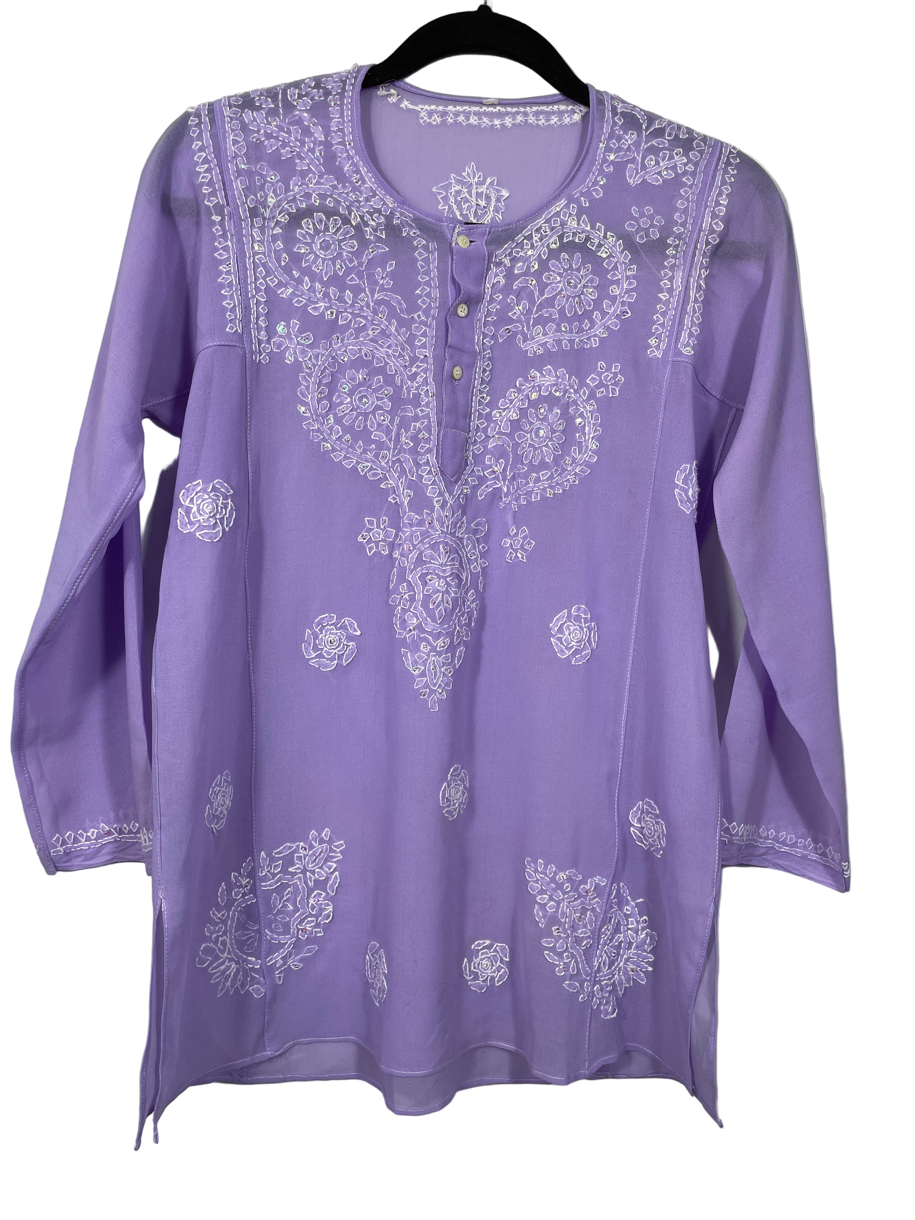 lilac embroidered sheer tunic front