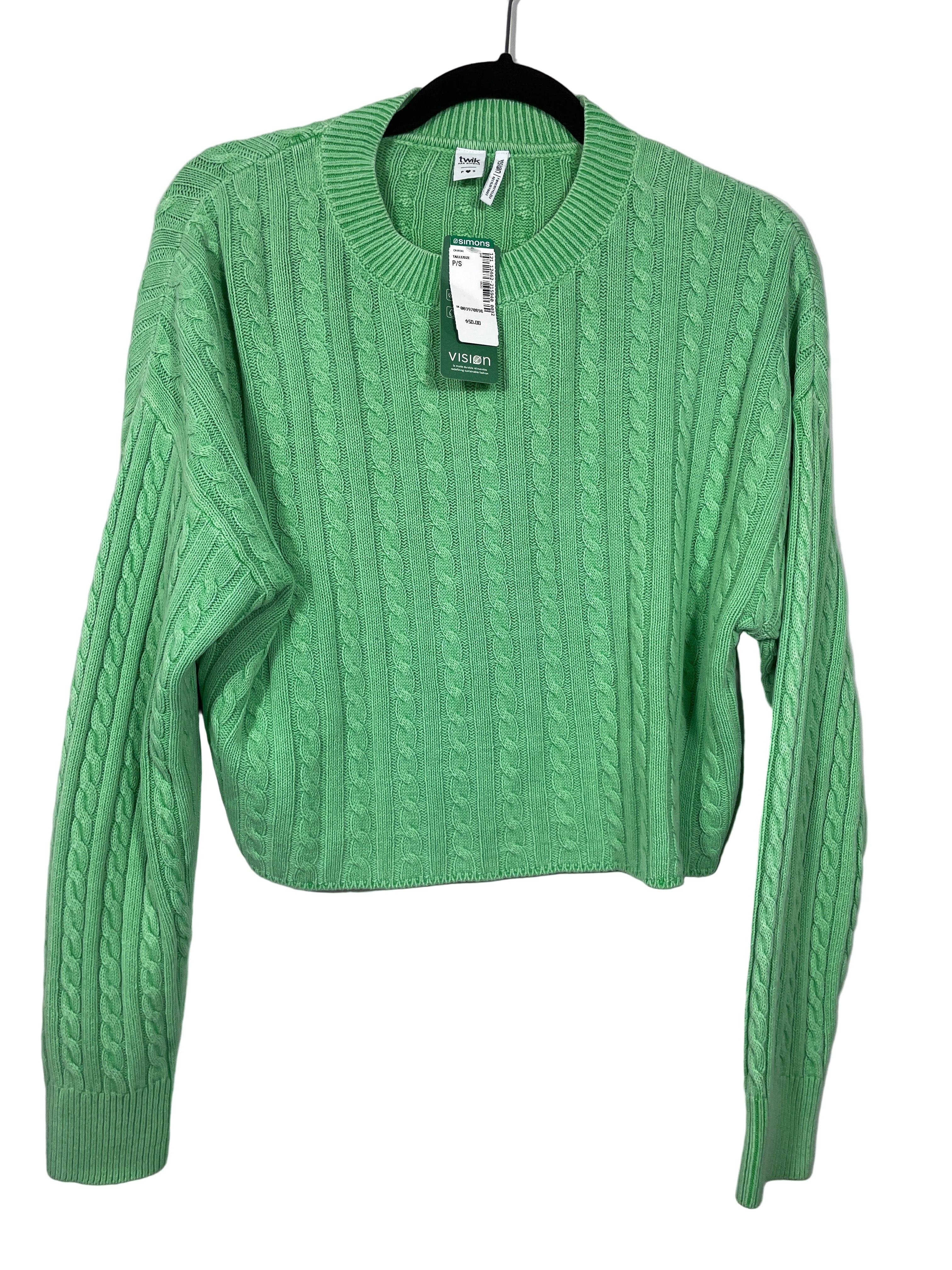 Twik by Simons green cropped cable knit sweater front