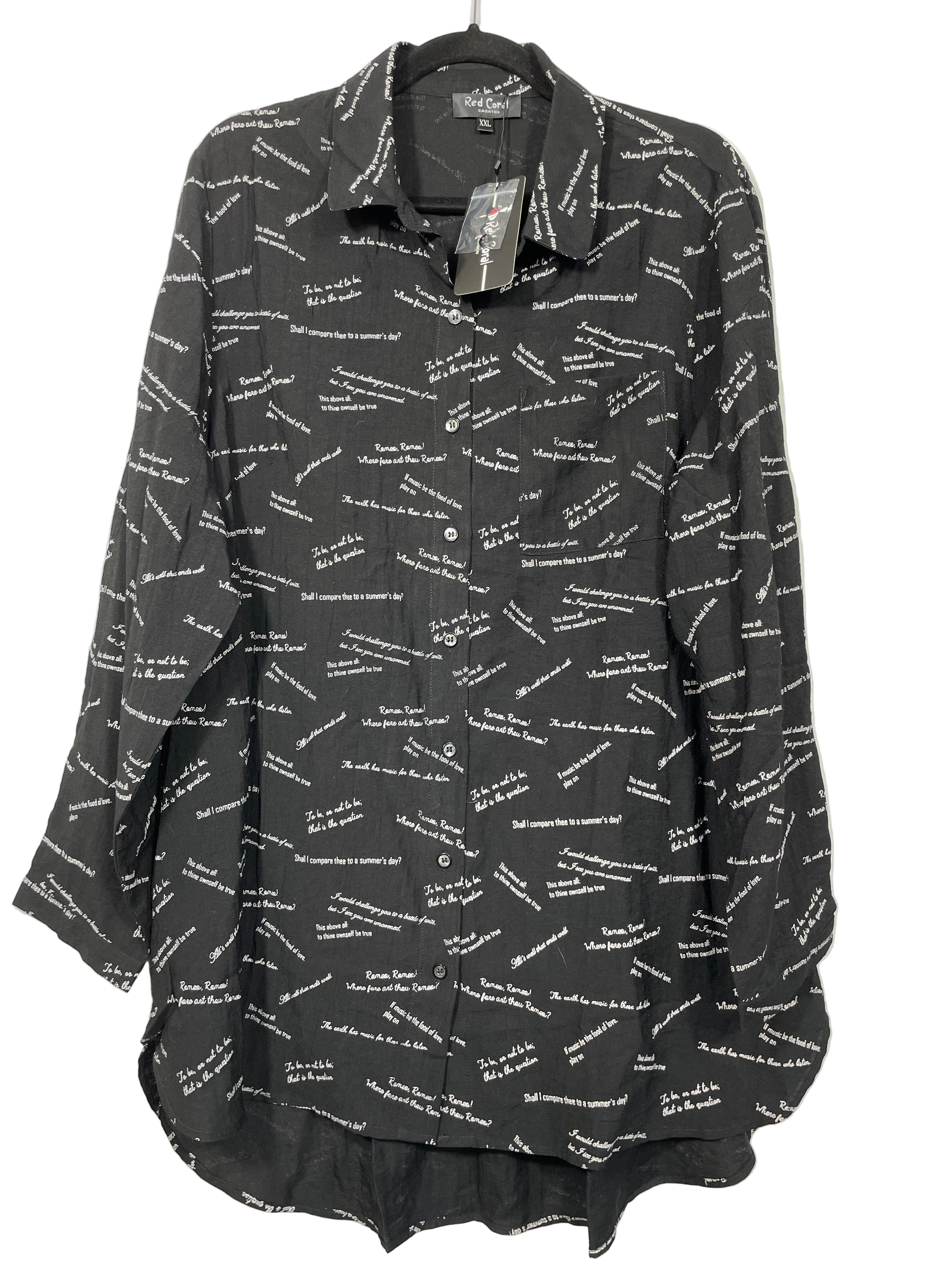 Red Coral black script print tunic shirt front, size XXL