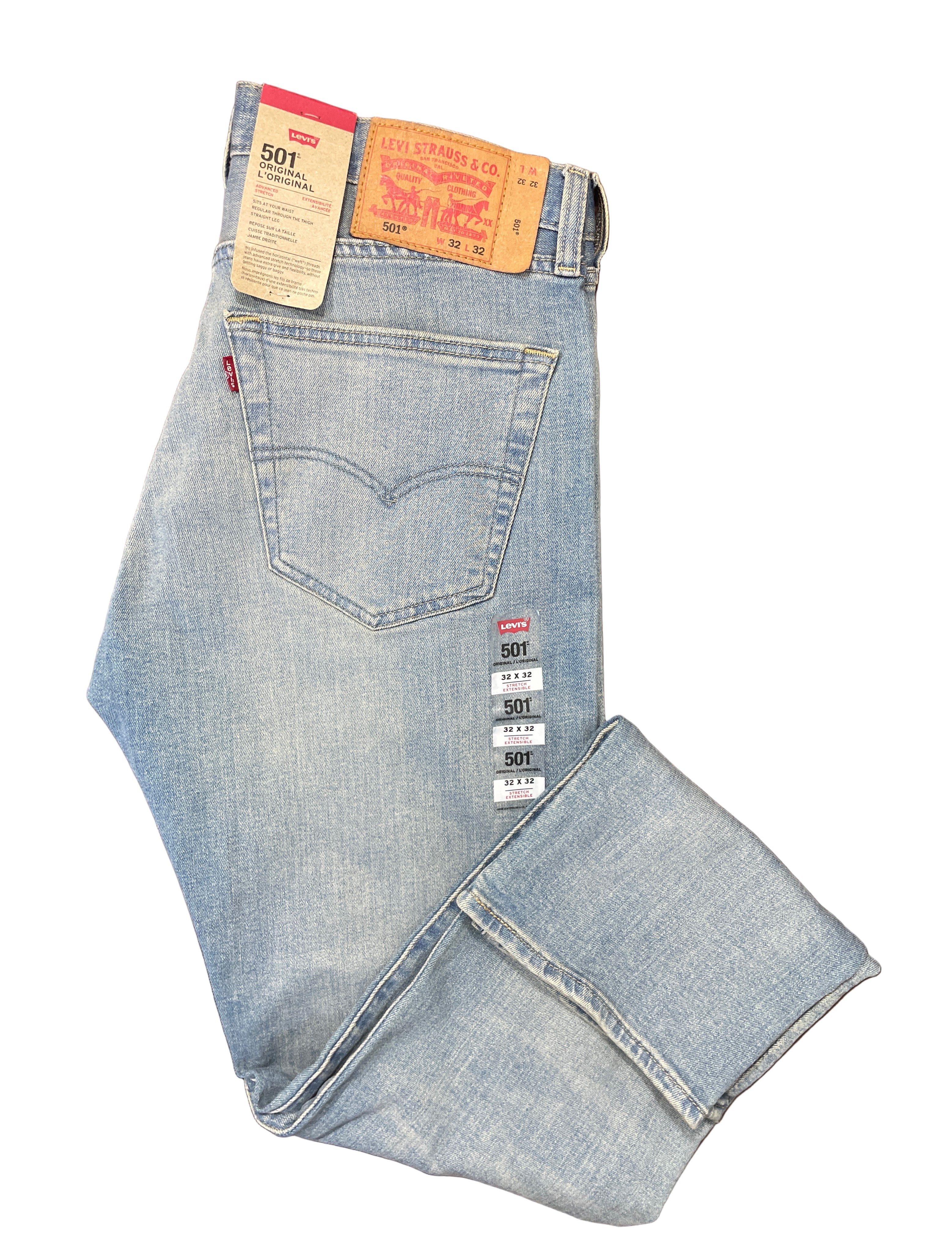 levis 501 stretch jeans light wash folded
