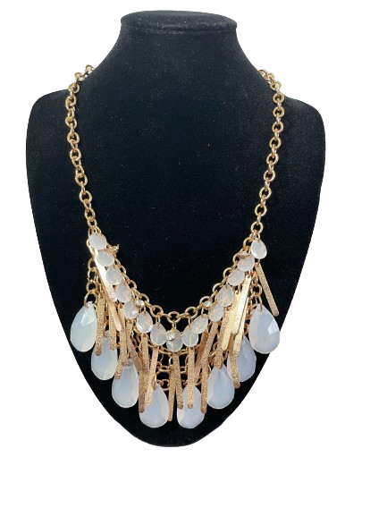 Gold-tone statement necklace with frosted teardrop beads front view