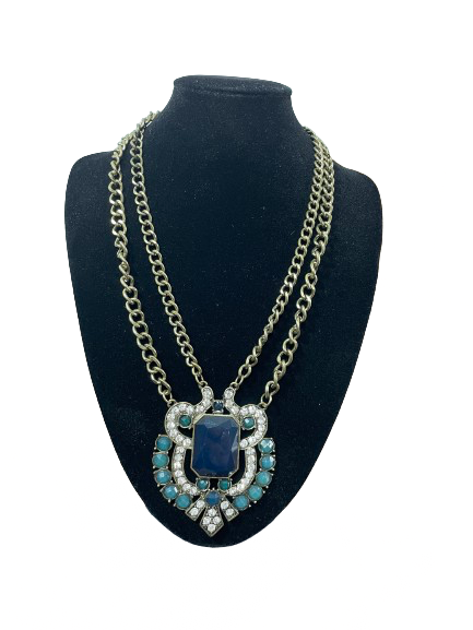 Antique-gold tone statement necklace with blue stone front