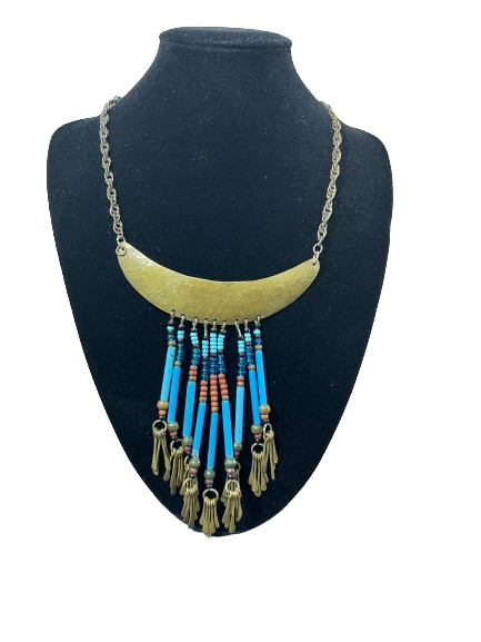 boho beaded crescent pendant necklace with turquoise beads