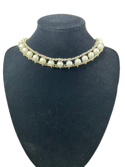 Faux pearl chain link choker necklace laid flat showing pearl detailing and extender chain