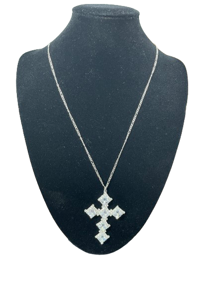 Rhinestone cross pendant costume necklace on display bust showing full pendant and chain