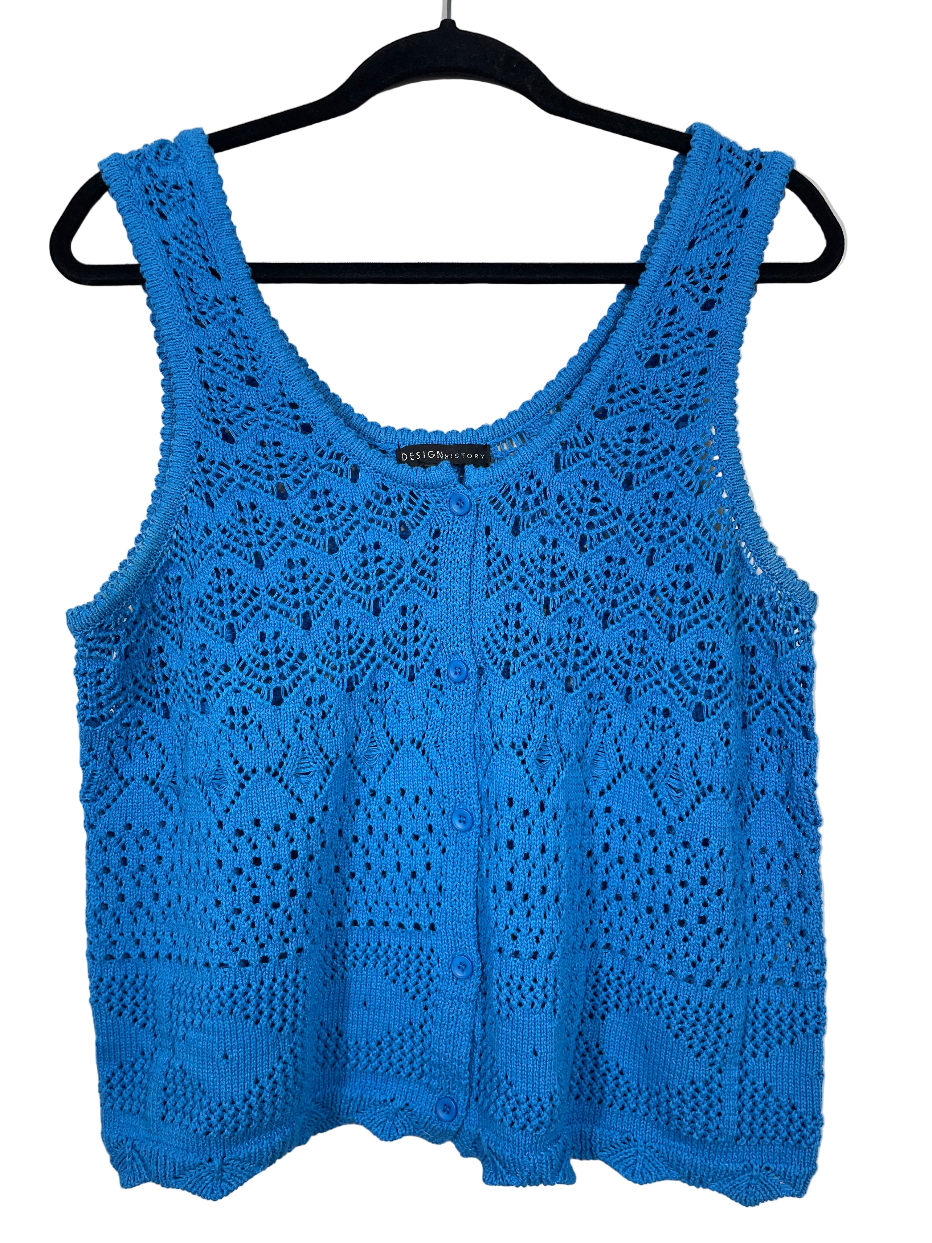 Design History blue crochet tank front view