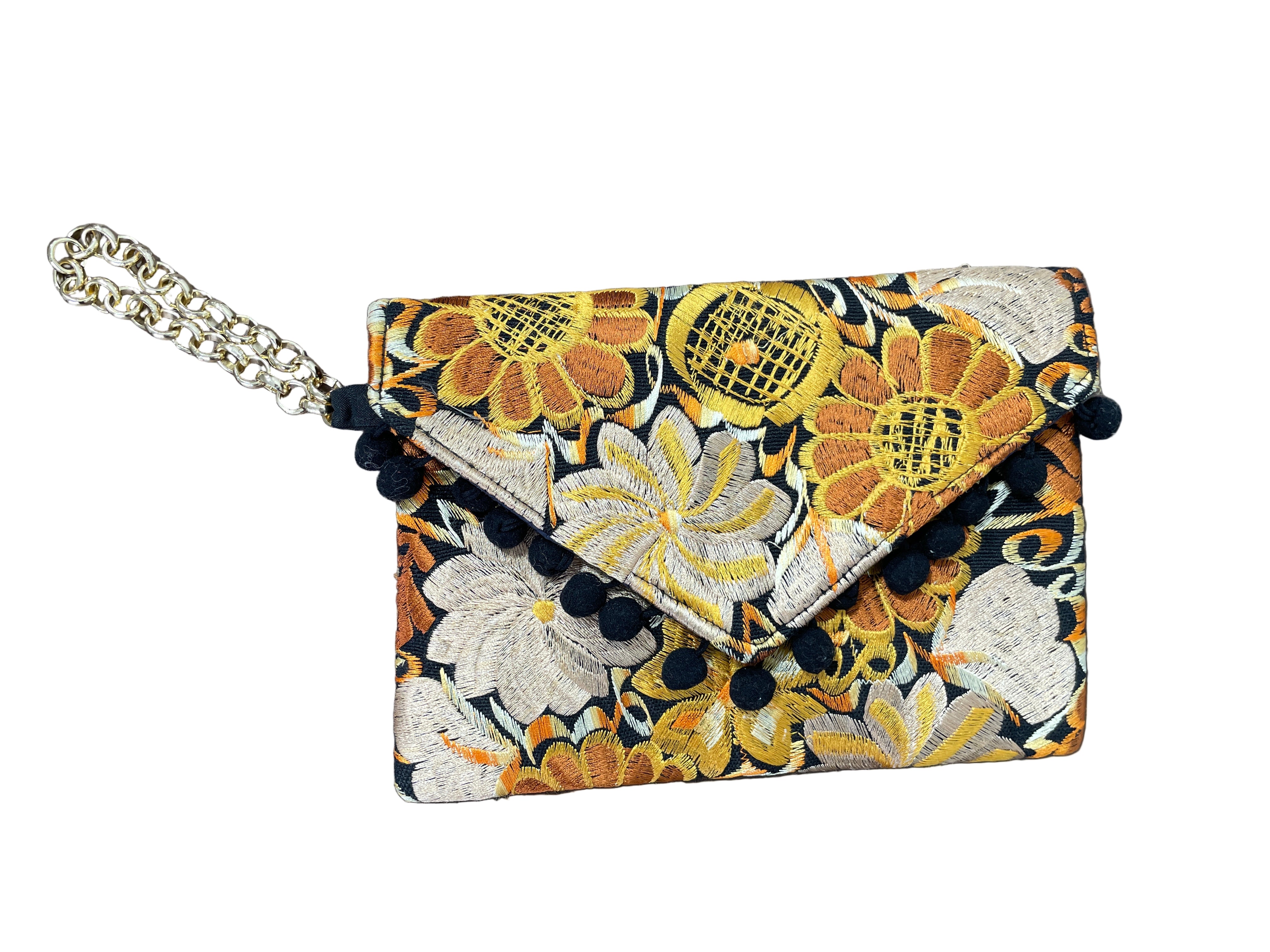 Embroidered floral wristlet clutch with chain