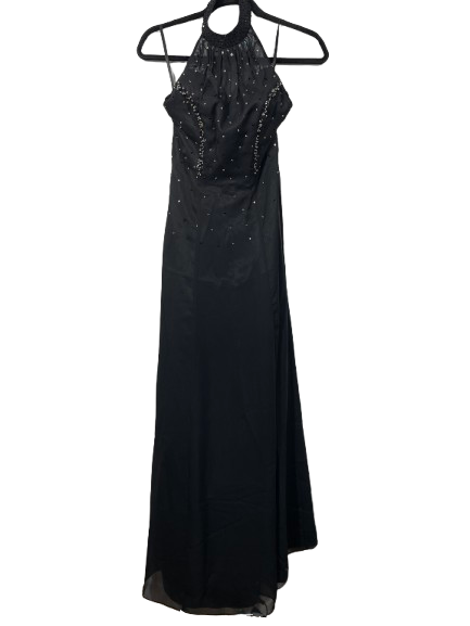 Size Small Xi Rong Yi Qipao black beaded halter floor length formal dress front view
