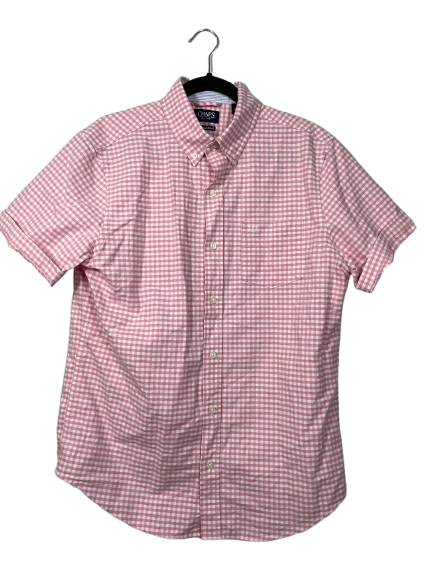 CHAPS men's size Medium pink and white gingham short sleeve button-down shirt front view