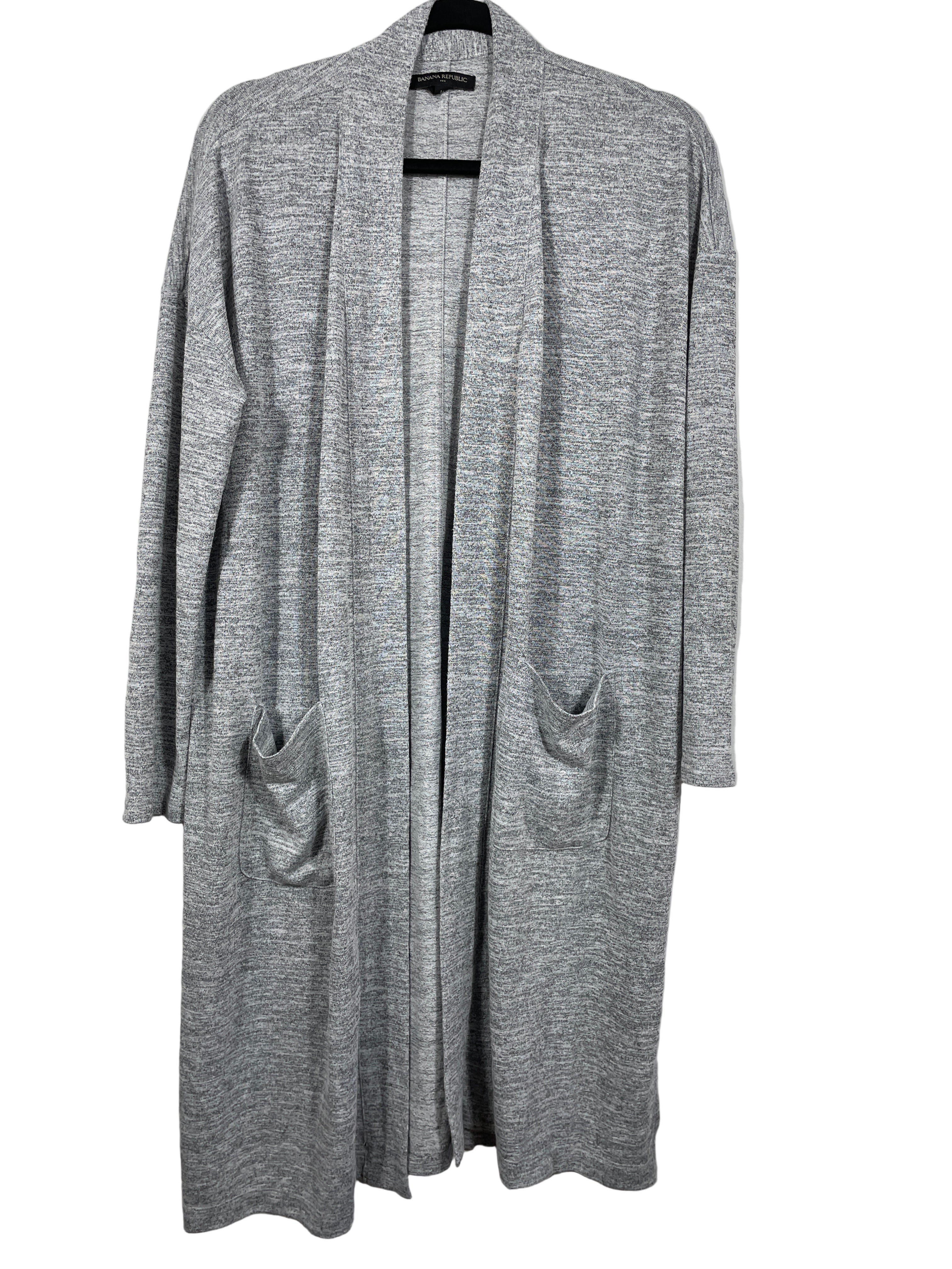 Banana Republic heather grey long open-front cardigan with pockets, size Medium – front view