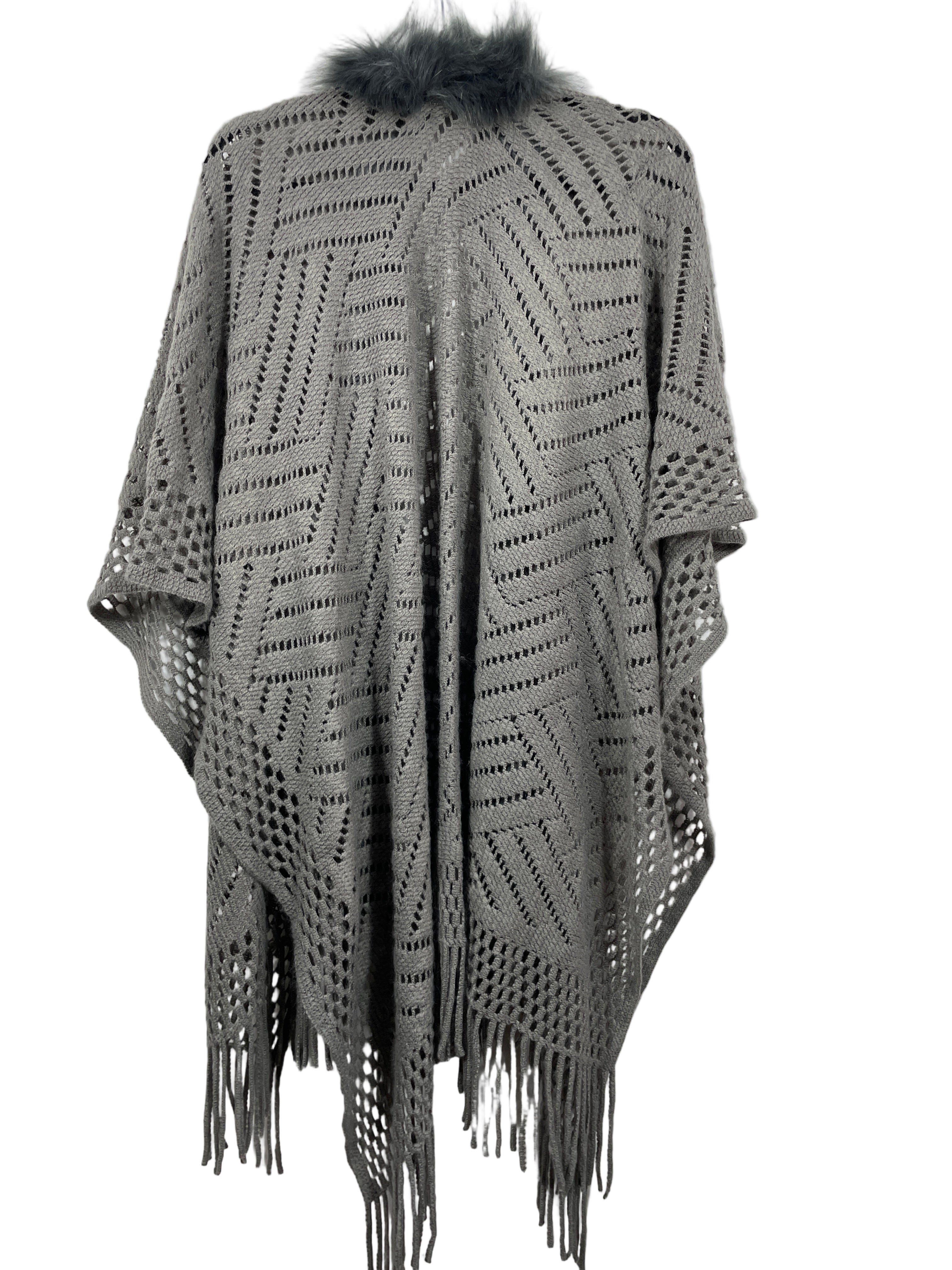 Grey open-knit shawl with faux-fur collar, back view