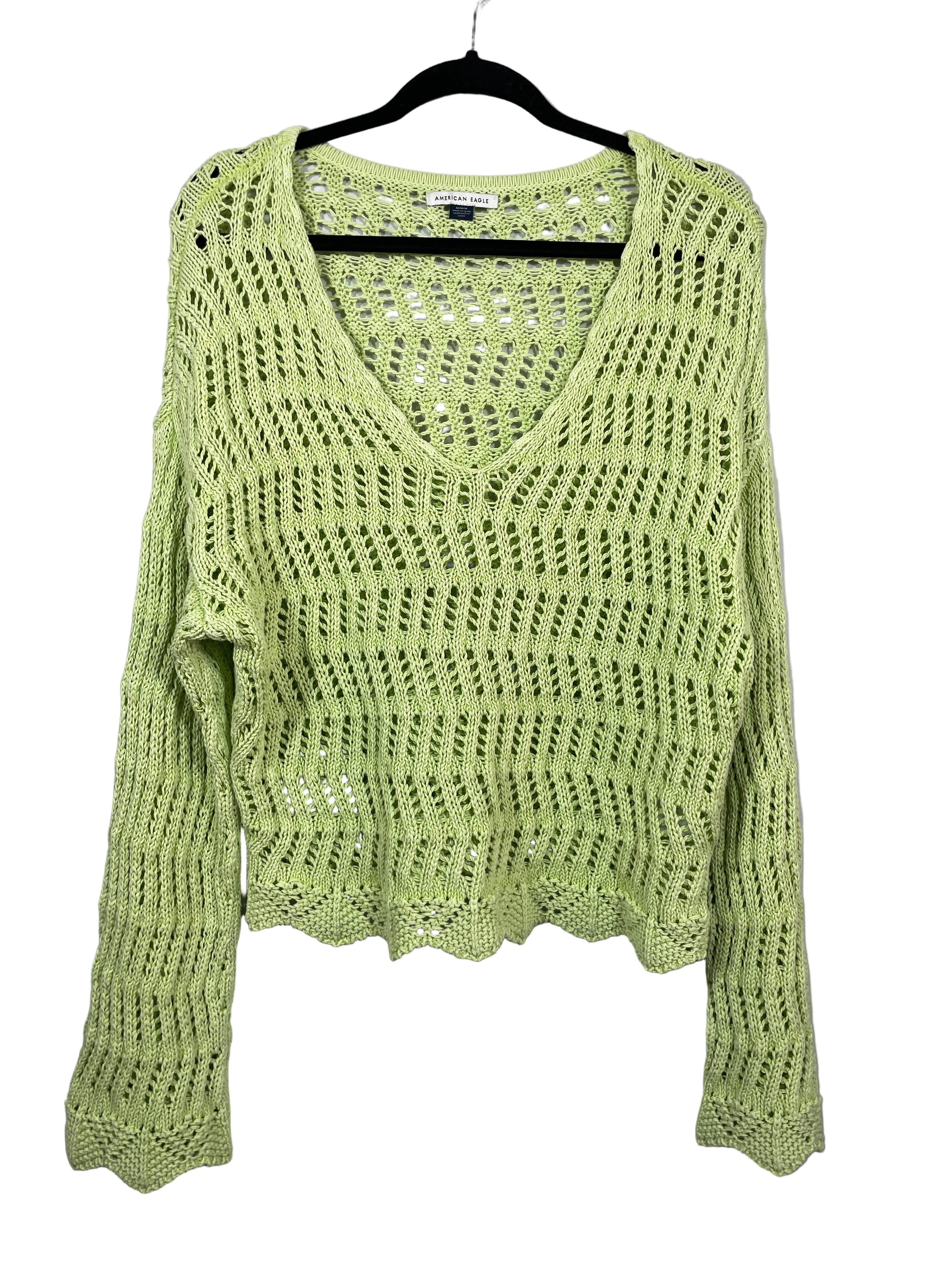 American Eagle green crochet V-neck long-sleeve knit top with bell sleeves, front view.