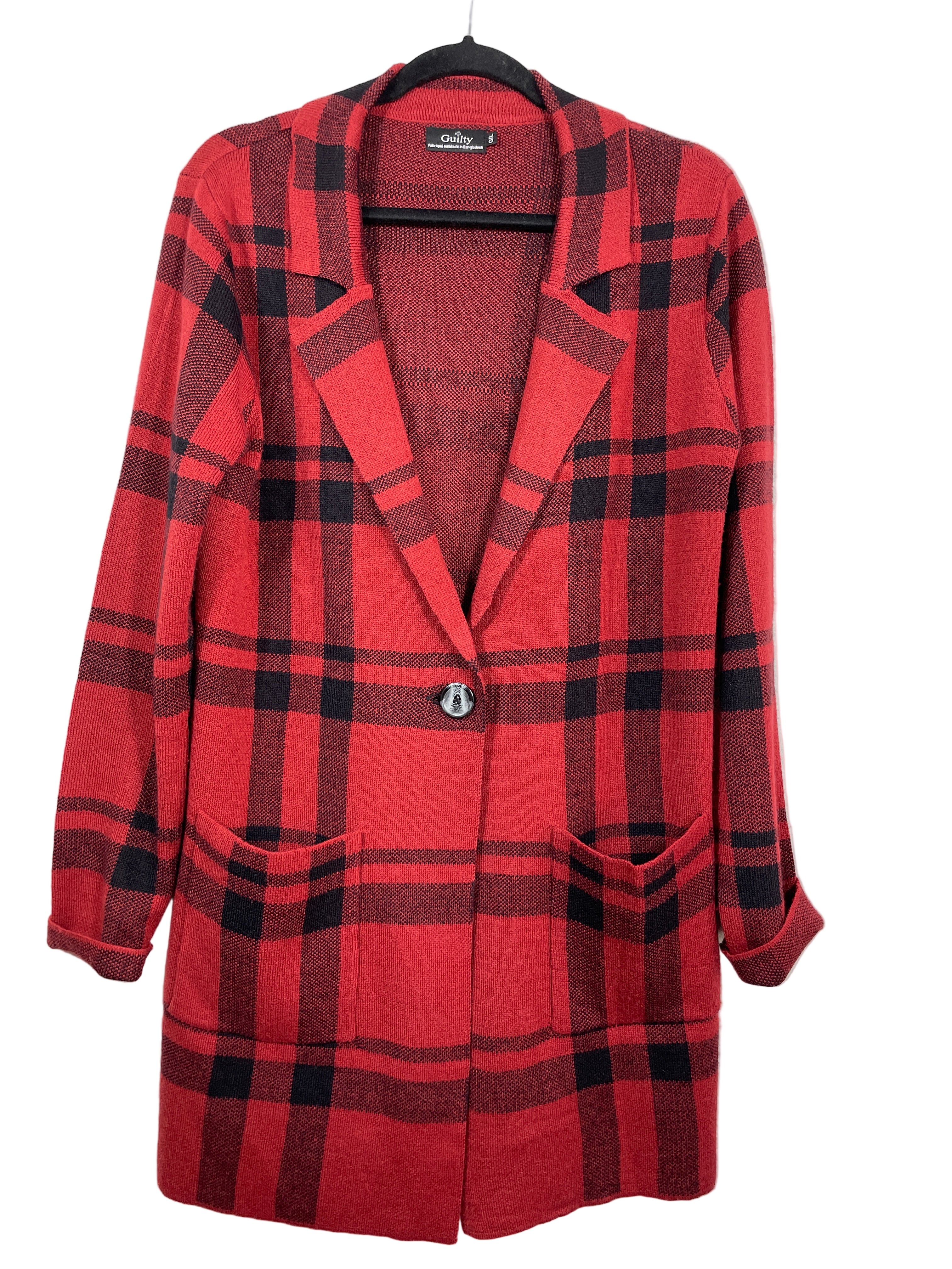 guilty long red plaid cardigan front