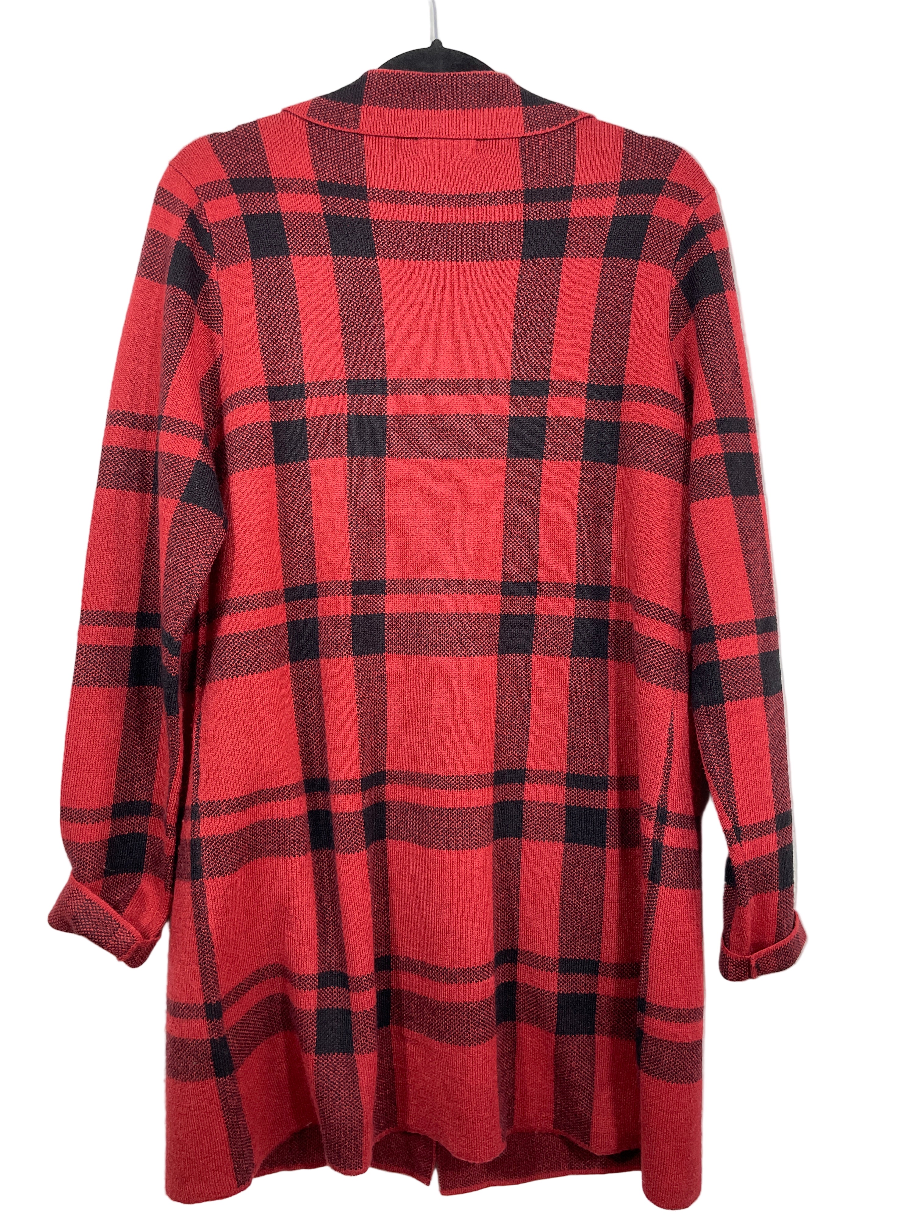 guilty long red plaid cardigan back view
