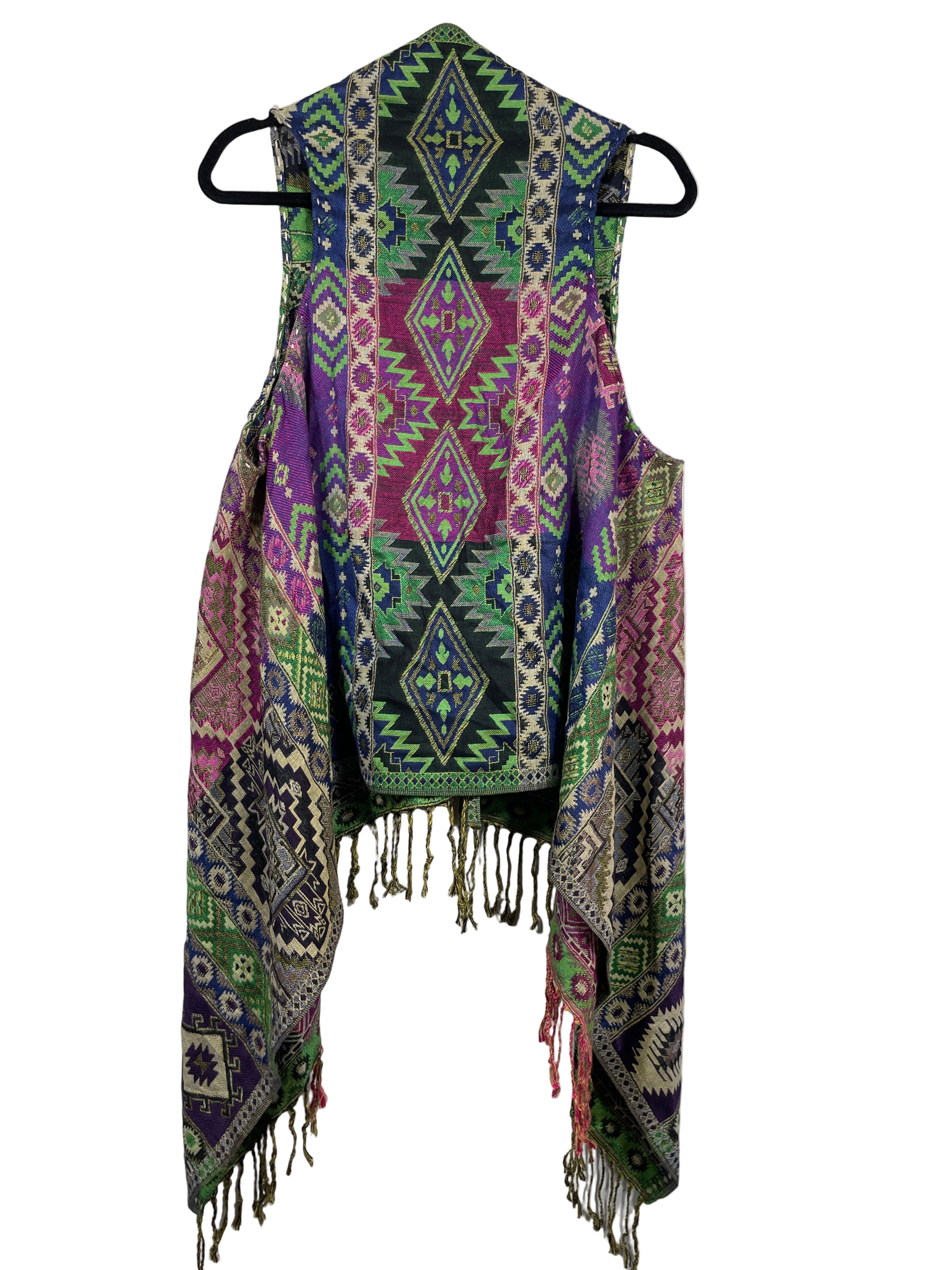 Multicolour boho open vest with fringe, back view
