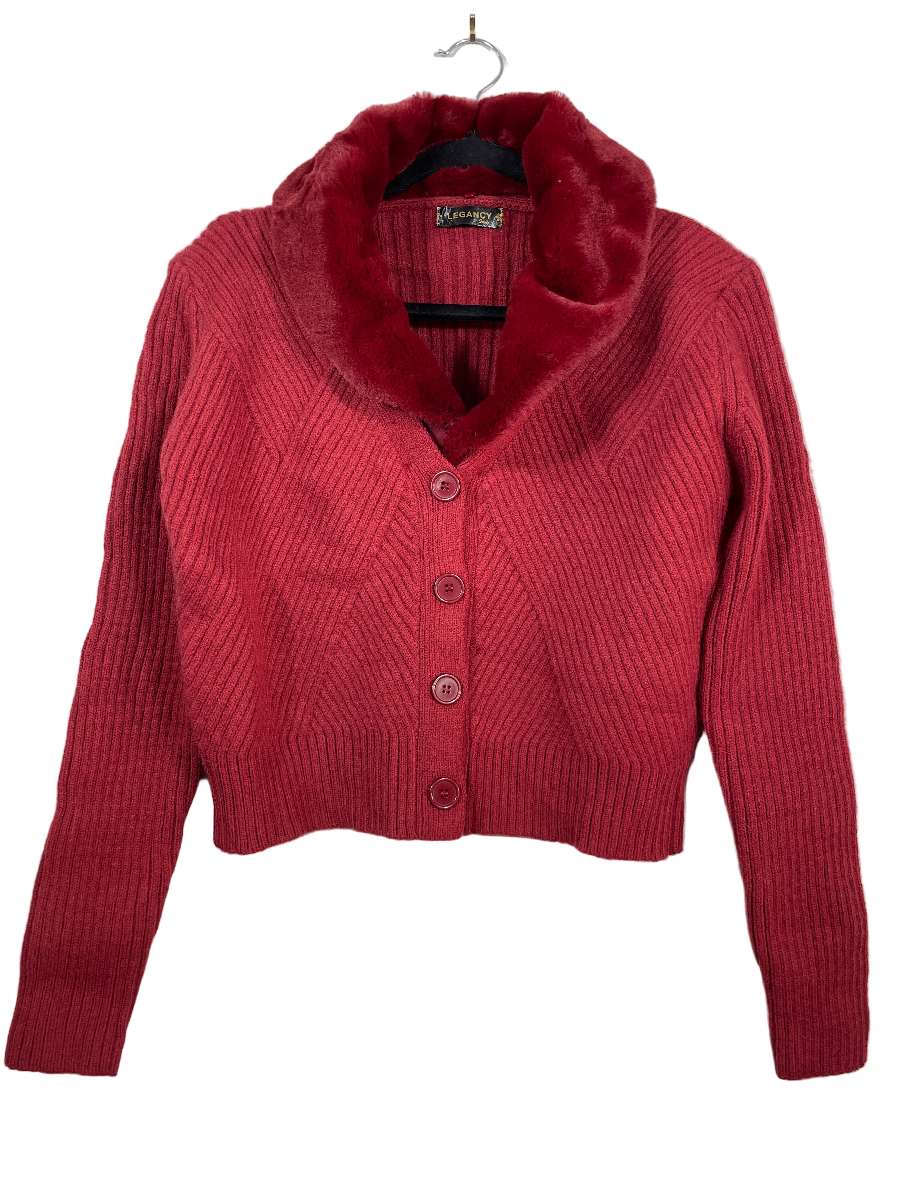 Legancy Style burgundy cropped cardigan with faux-fur collar front
