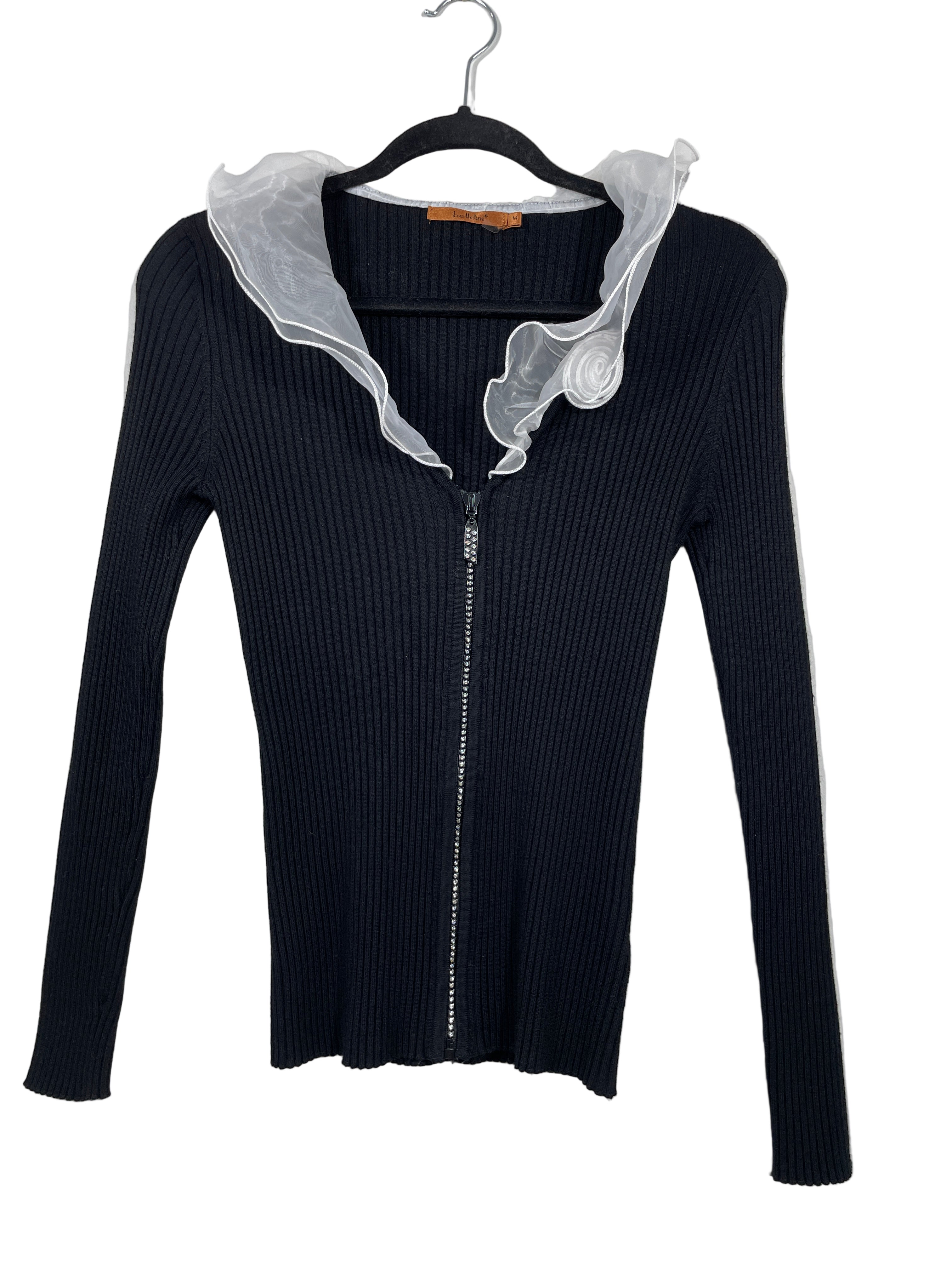 bellini black zip up top with sheer ruffle neckline front view size medium