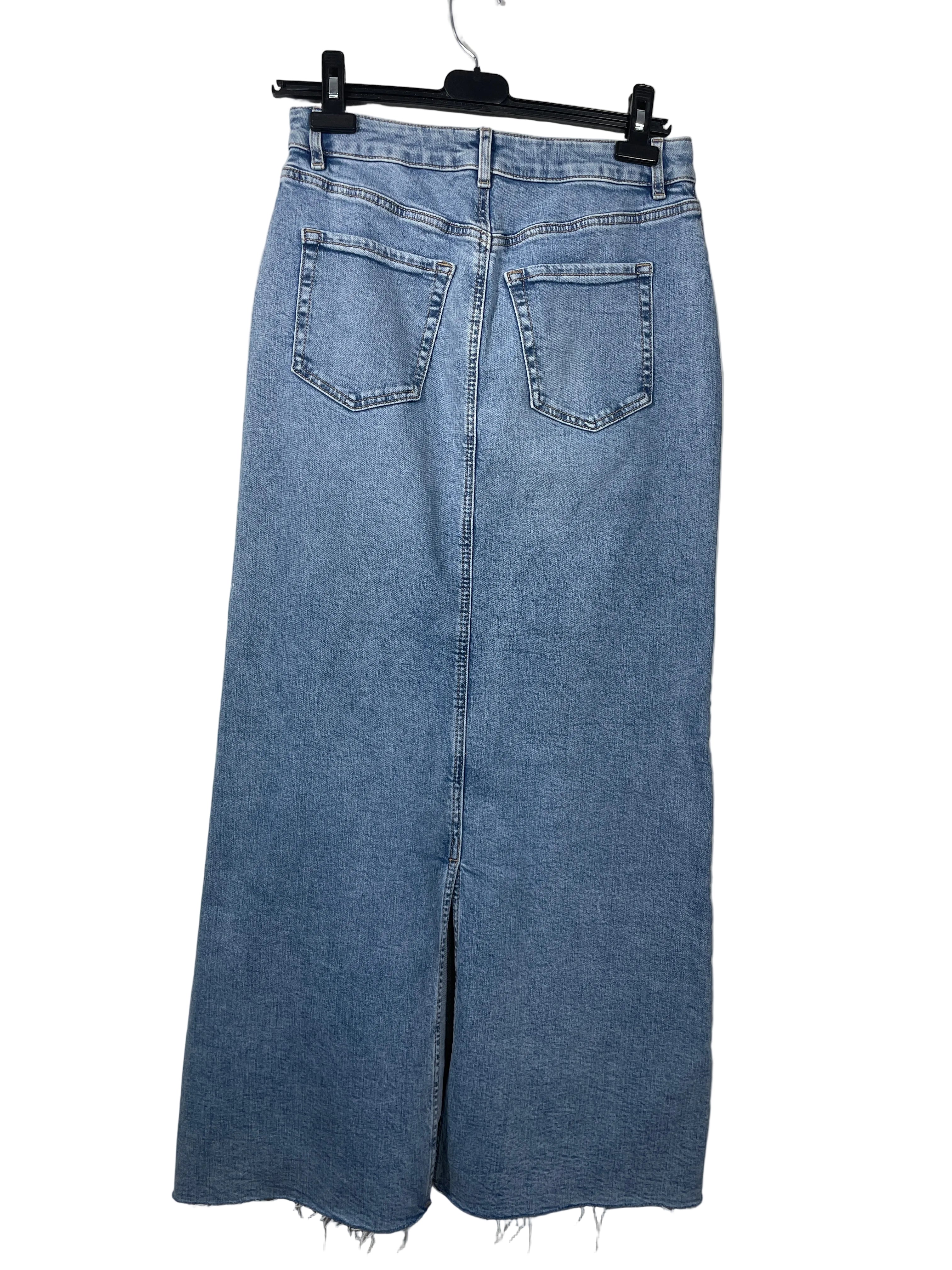 Dynamite long denim skirt back view showing five-pocket design and back slit