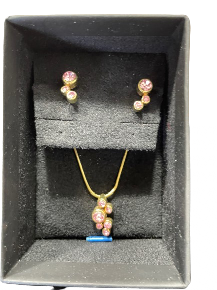 Vintage gold tone pink crystal pendant necklace and earrings set in presentation box