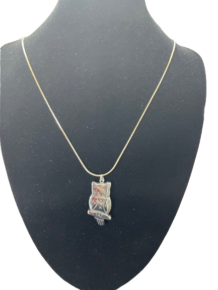 Owl pendant necklace with sterling silver chain front view