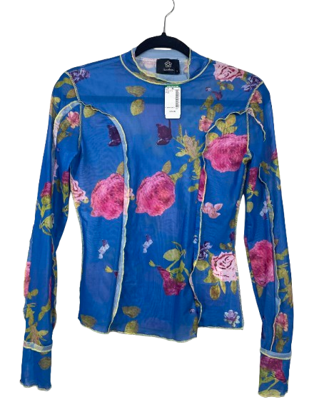 Blue floral long-sleeve top on a hanger with a white background