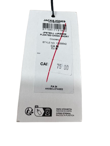 Close-up of the Jack & Jones retail price tag showing the style name "JJPIERRE" and $75.00 MSRP.