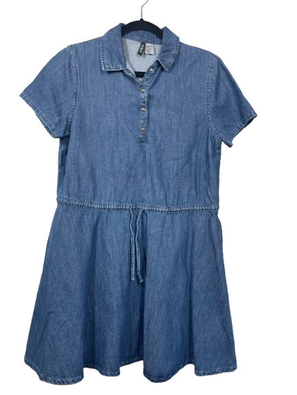 Front view of H&M Divided blue denim dress featuring short sleeves and a drawstring waist.