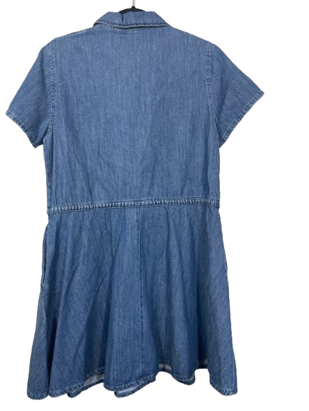 Back view of H&M Divided denim dress showing the clean construction and flared skirt.