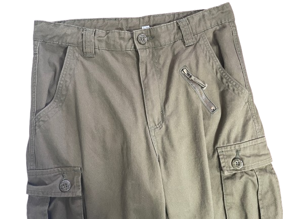 Waist detail showing angled zipper pocket and heavy-duty button closure.