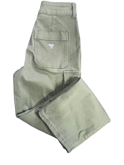Folded view of Guess Hailey high-rise straight cargo pants in Dusty Sage showing the back pocket with the signature triangle logo.
