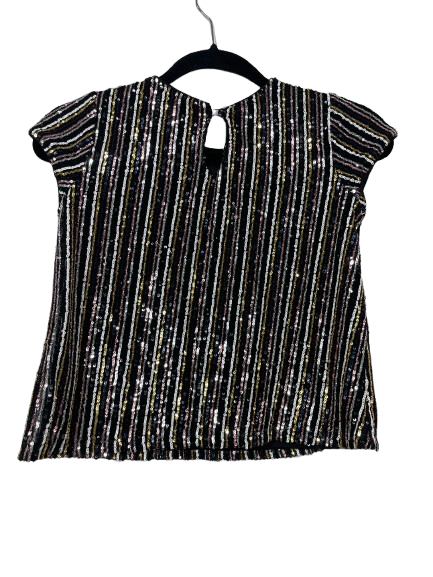 Art Class striped sequin short sleeve top size small lined with keyhole button back closure back view