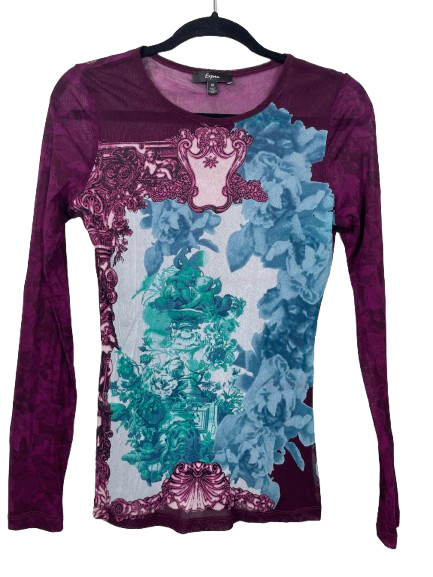 Express sheer floral print long sleeve mesh top size medium purple teal blue front view