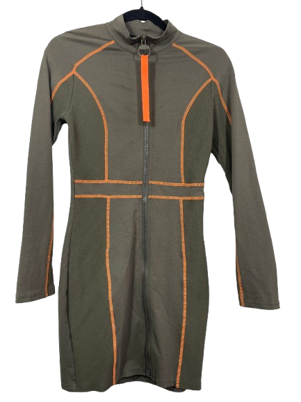 Akira olive green bodycon dress size medium with orange contrast stitching and front zipper front view